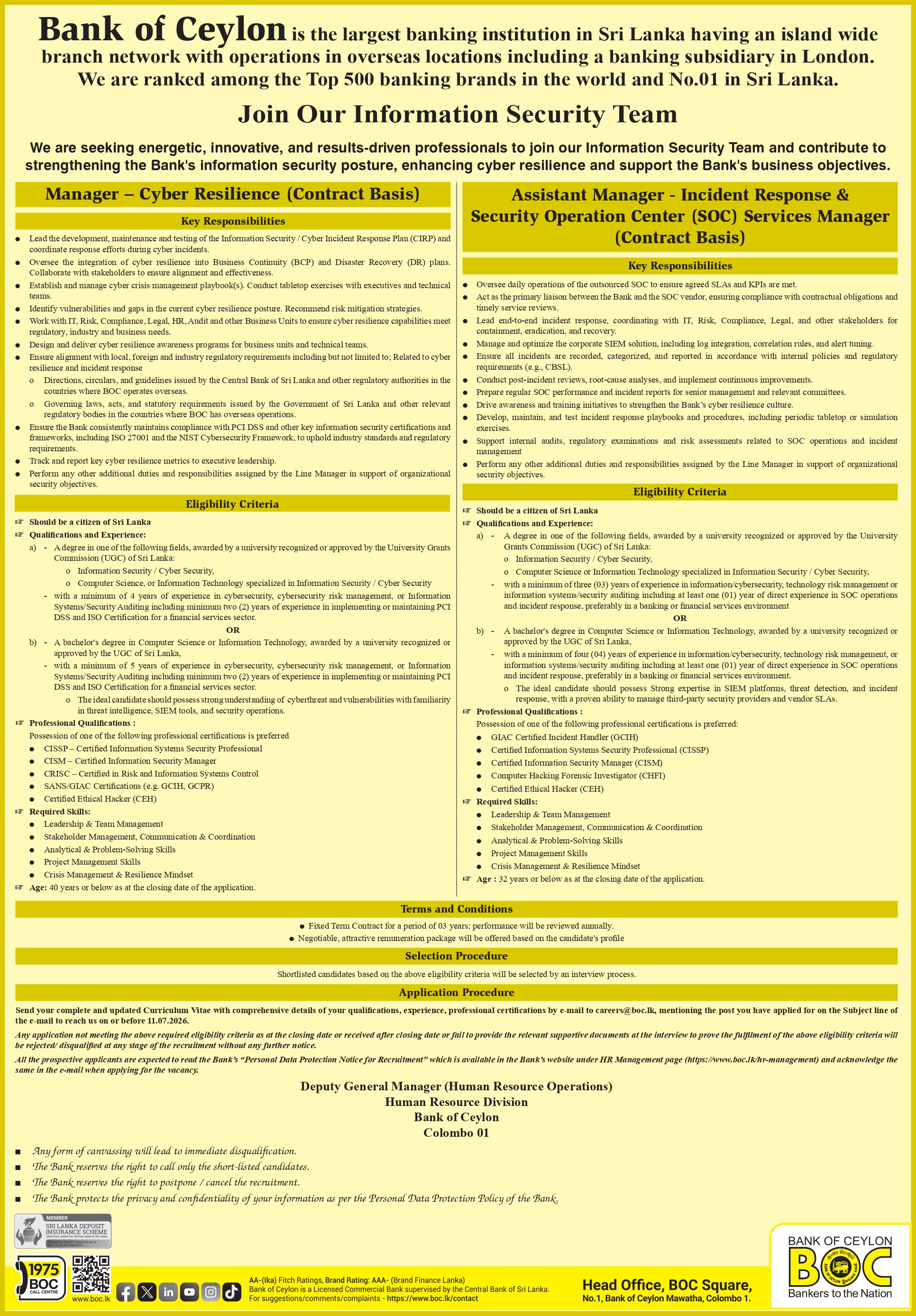 Manager, Assistant Manager - Bank of Ceylon