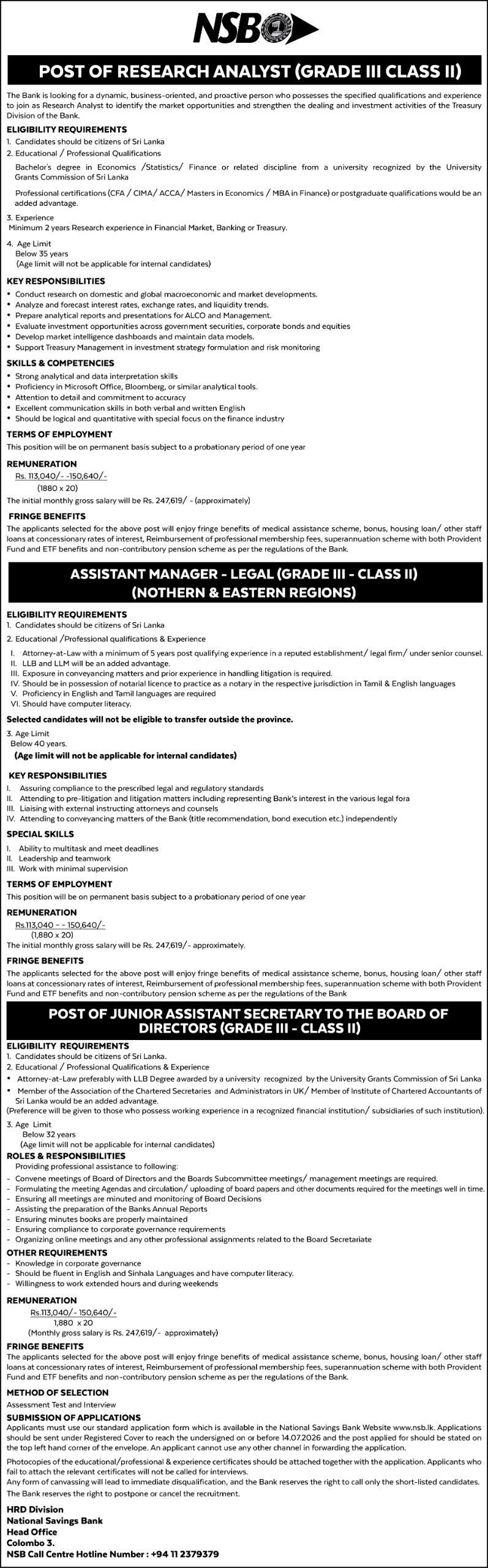 Research Analyst, Junior Assistant Secretary, Assistant Manager - National Savings Bank