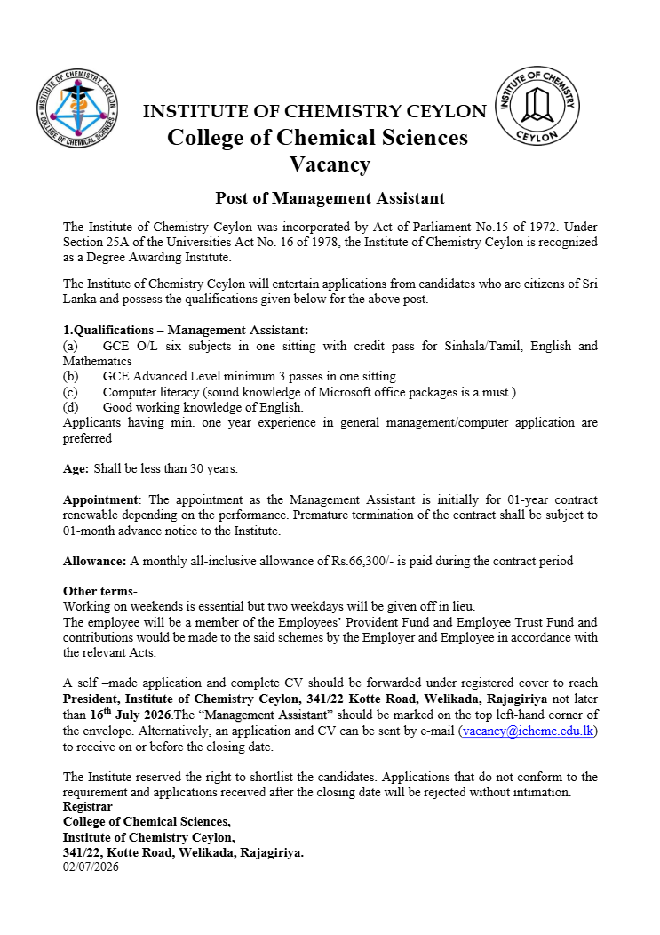 Management Assistant - Institute of Chemistry Ceylon