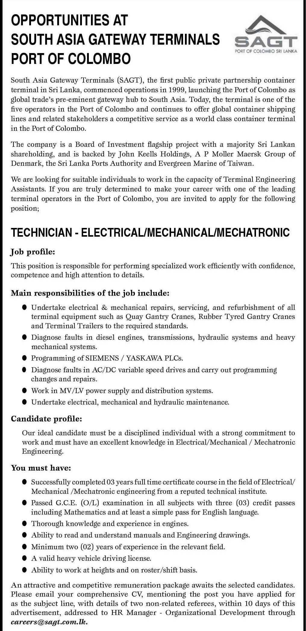 Technician - South Asia Gateway Terminals (Pvt) Ltd