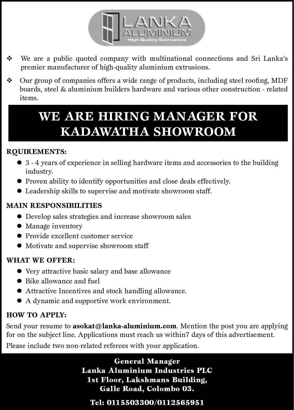 Manager - Lanka Aluminium Industries PLC
