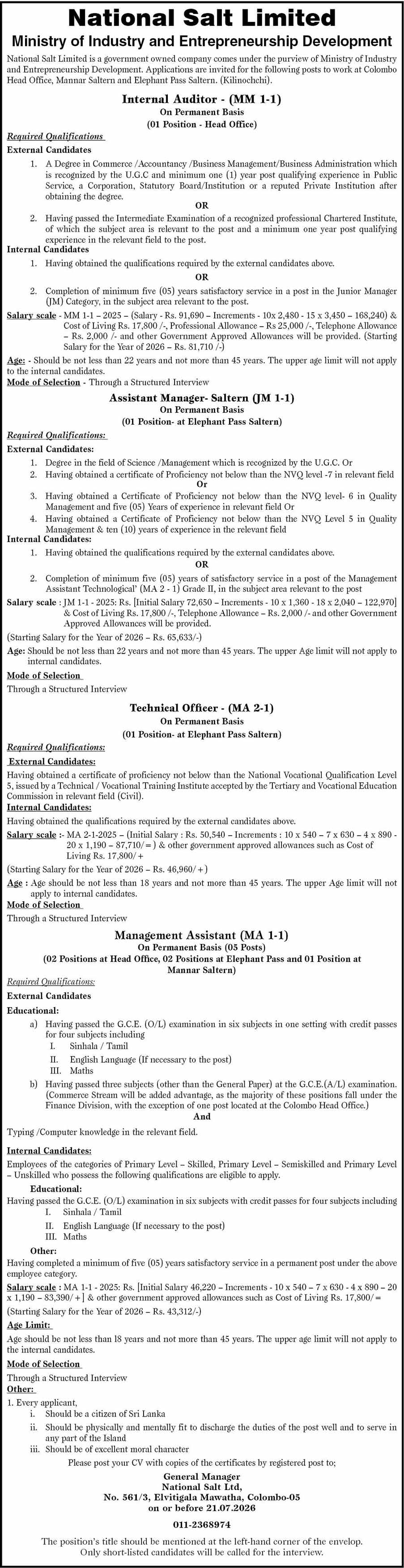 Management Assistant, Internal Auditor, Technical Officer - National Salt Limited