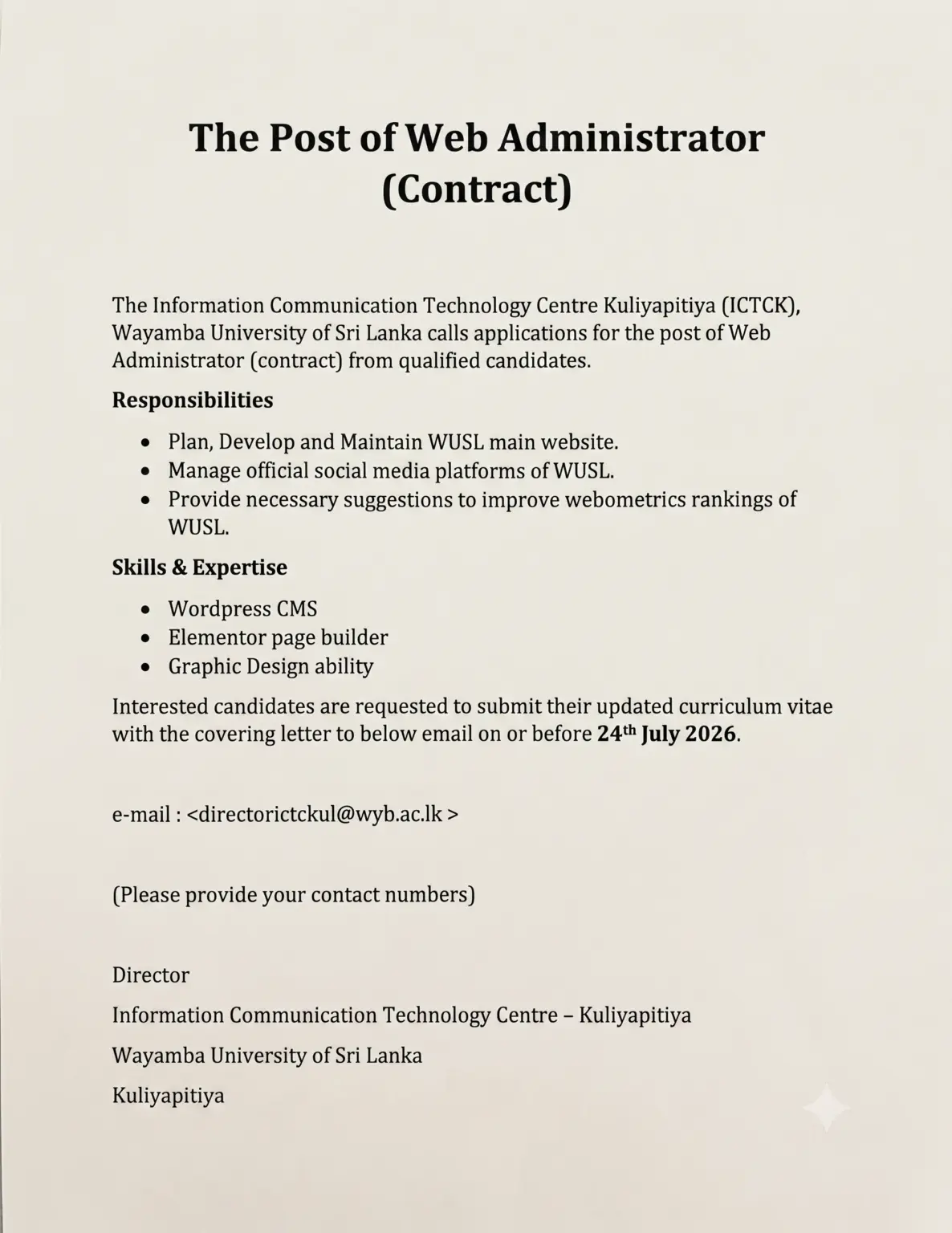Web Administrator - Wayamba University of Sri Lanka