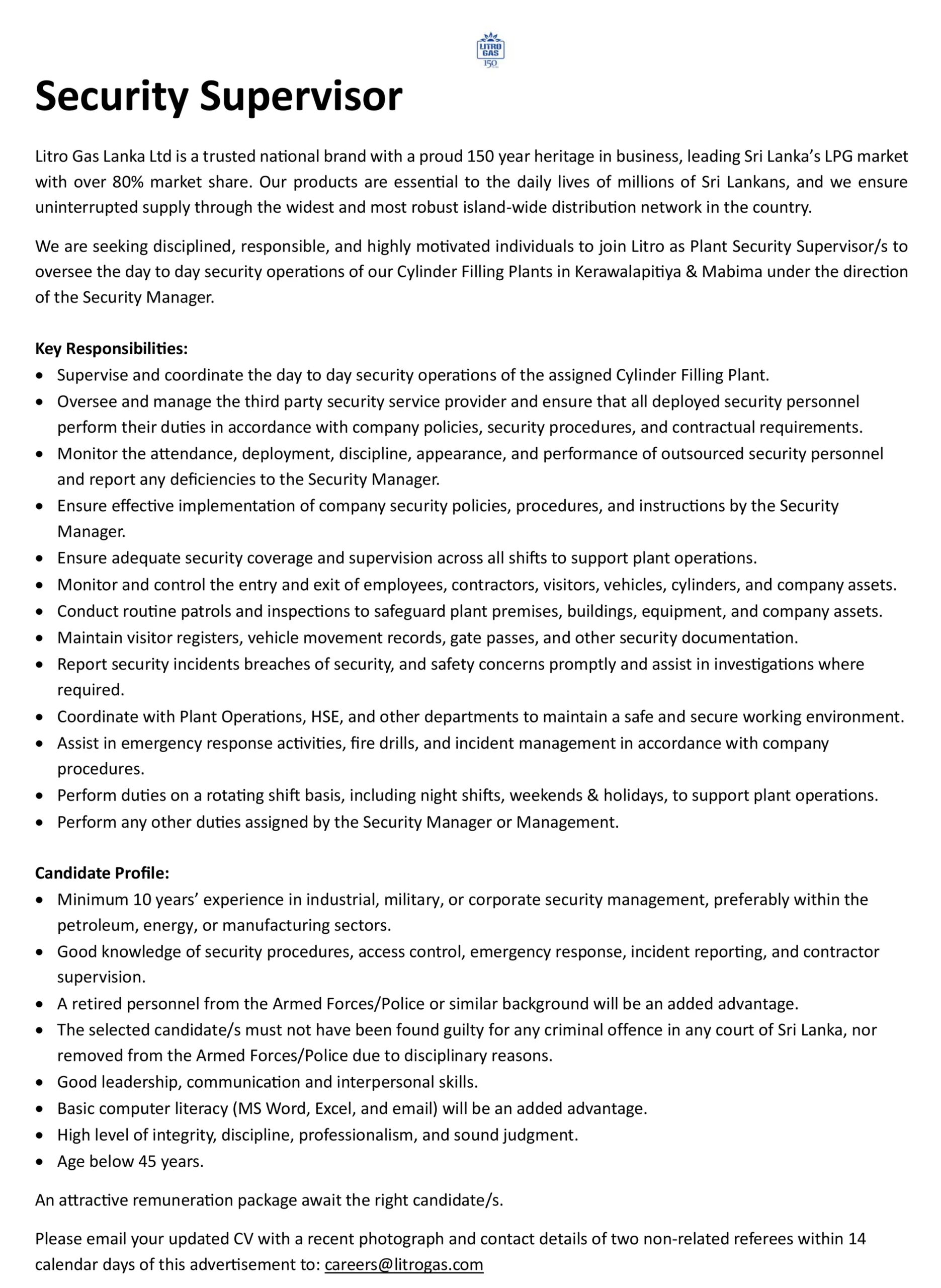 Security Supervisor - Litro Gas Lanka Ltd