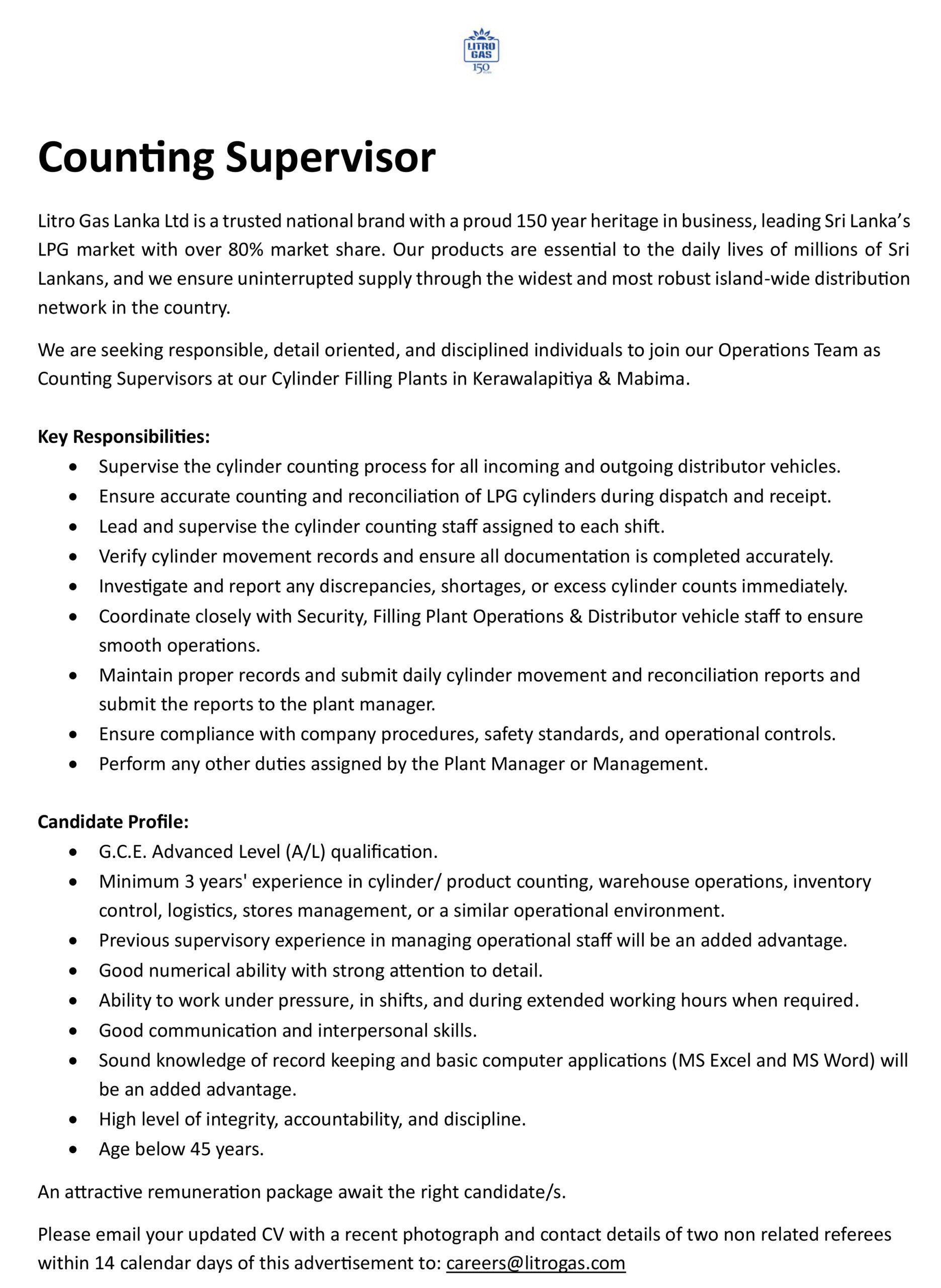 Counting Supervisor - Litro Gas Lanka Ltd