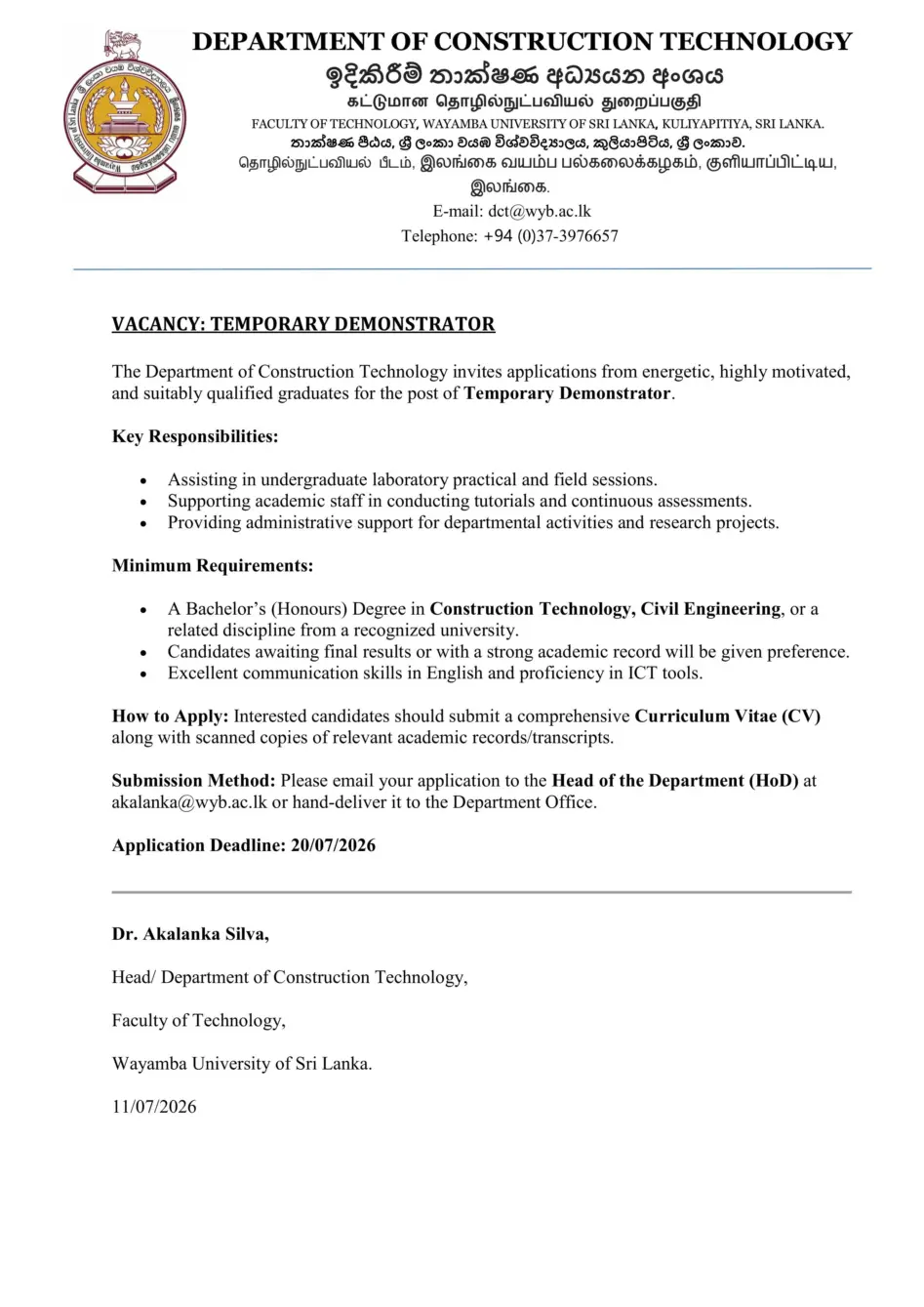 Demonstrator - Wayamba University of Sri Lanka