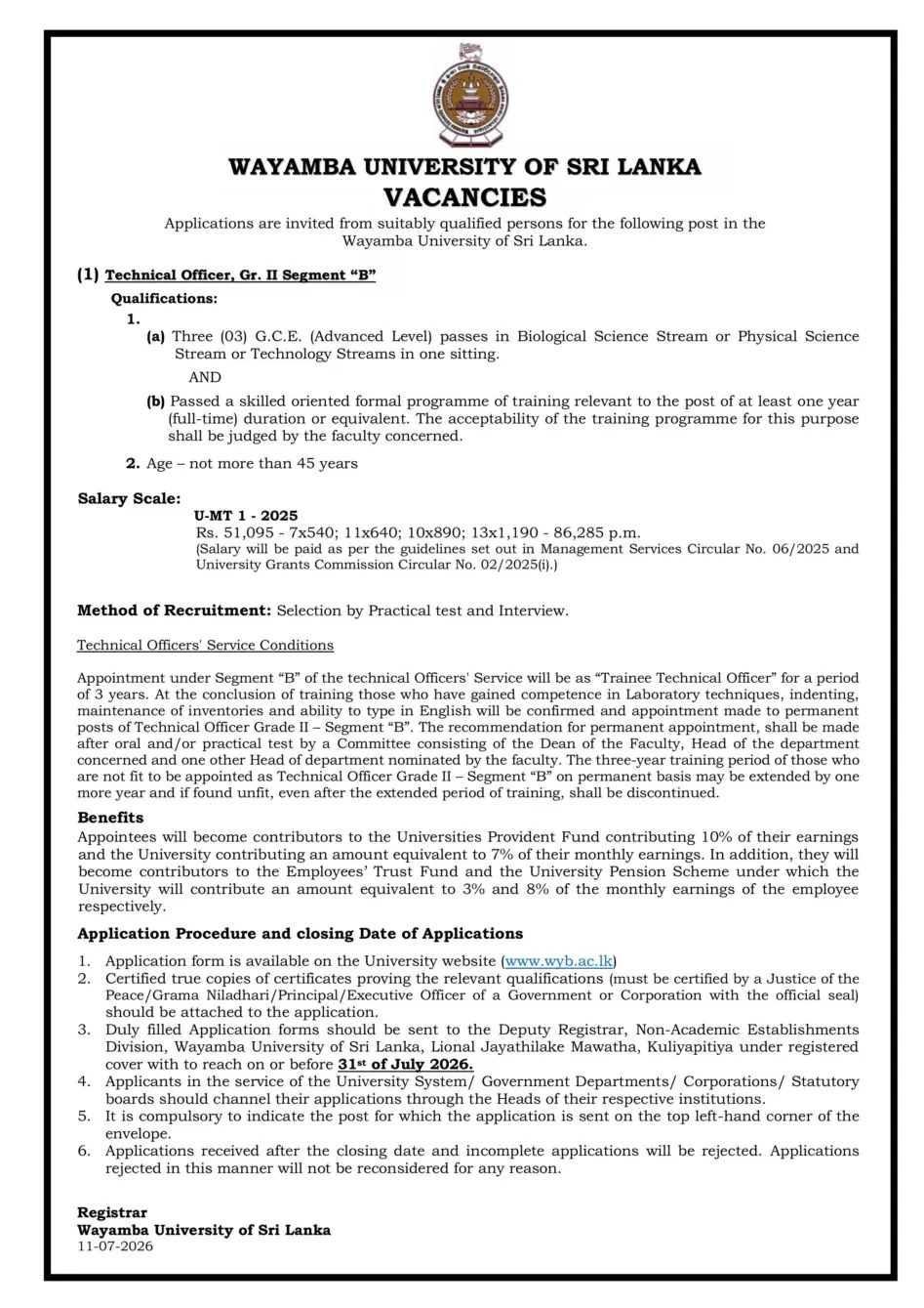 Technical Officer - Wayamba University of Sri Lanka