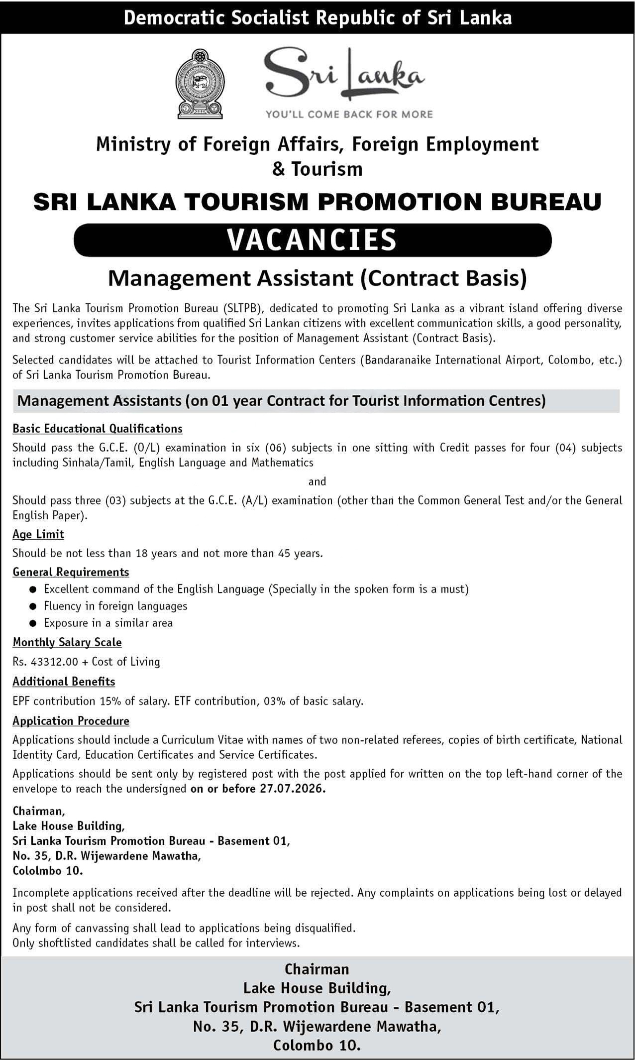 Management Assistant - Sri Lanka Tourism Promotion Bureau