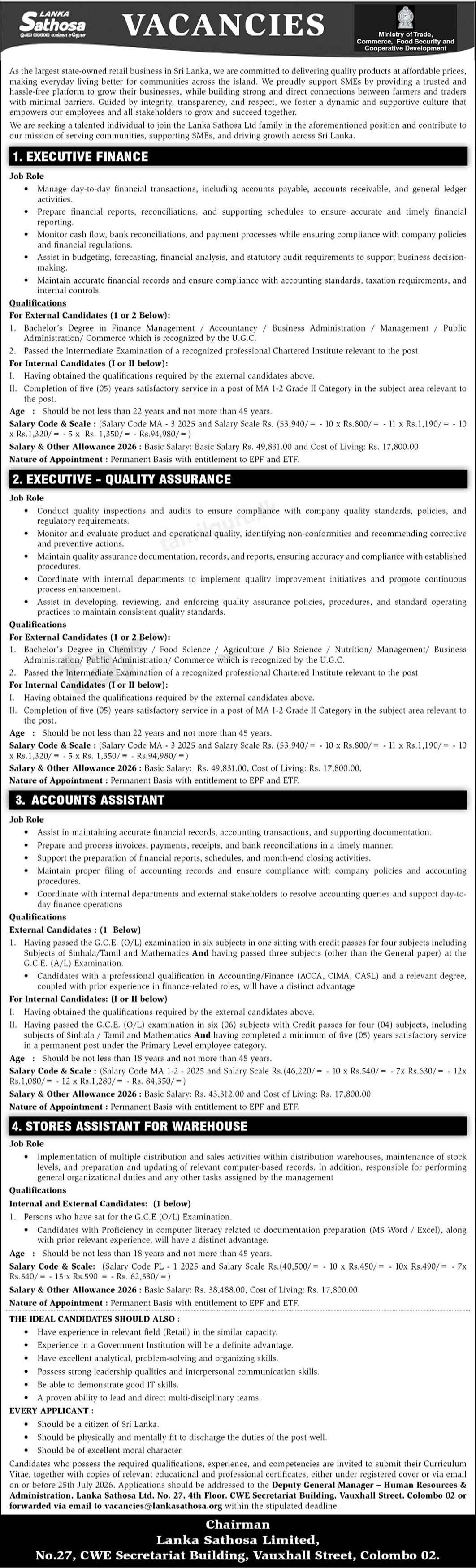 Finance Executive, Executive, Accounts Assistant - Lanka Sathosa Limited