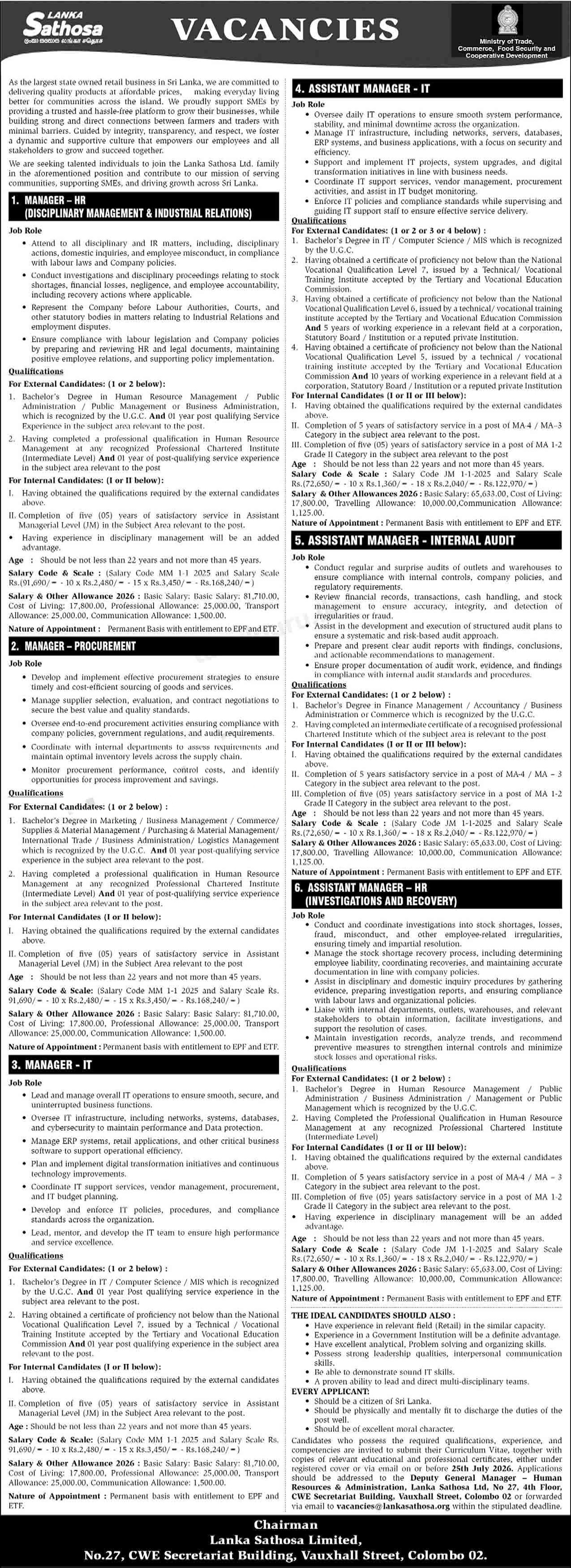 Manager, Assistant Manager - Lanka Sathosa Limited