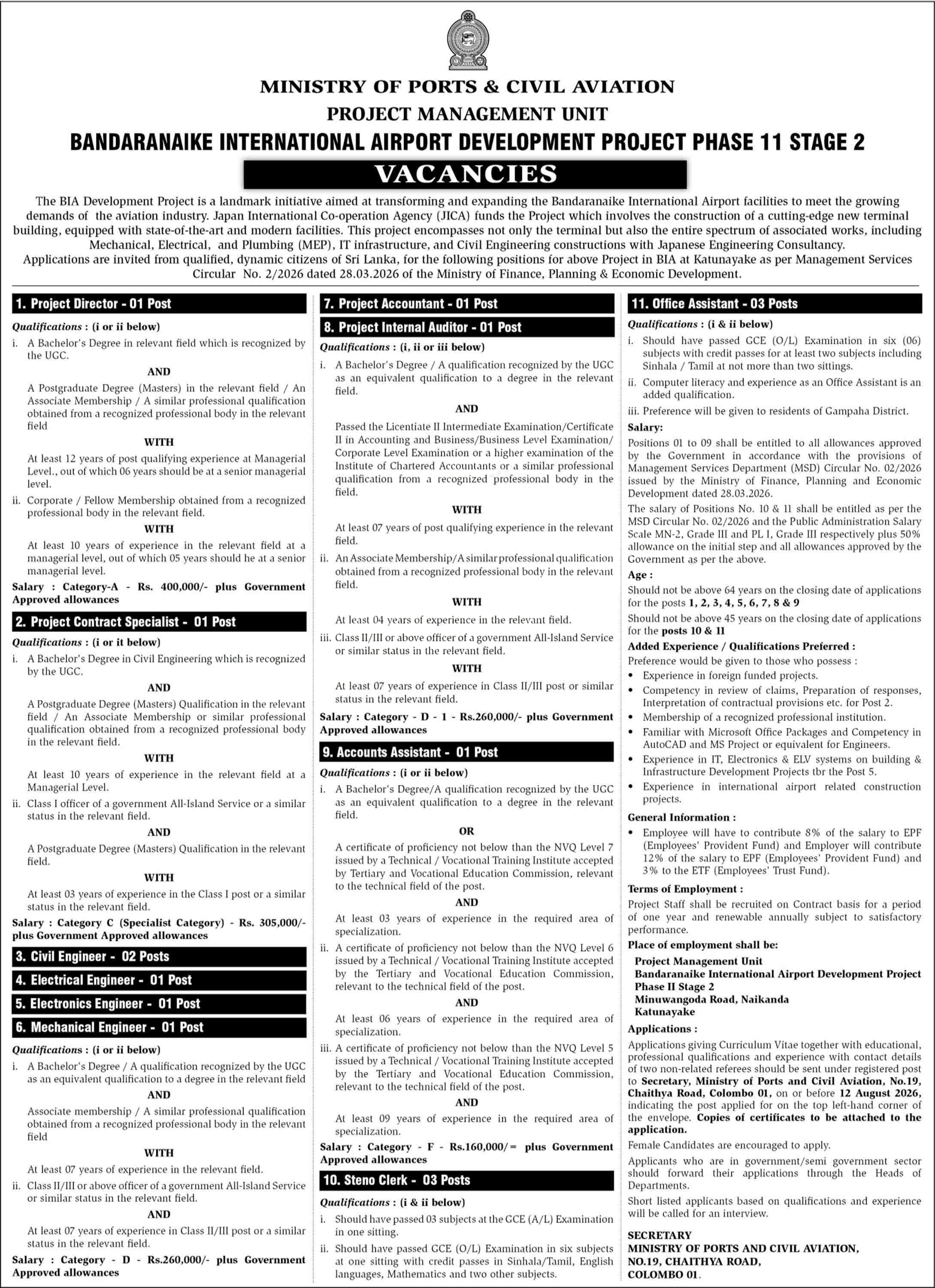 Project Director, Civil Engineer, Accounts Assistant - Ministry of Ports and Civil Aviation