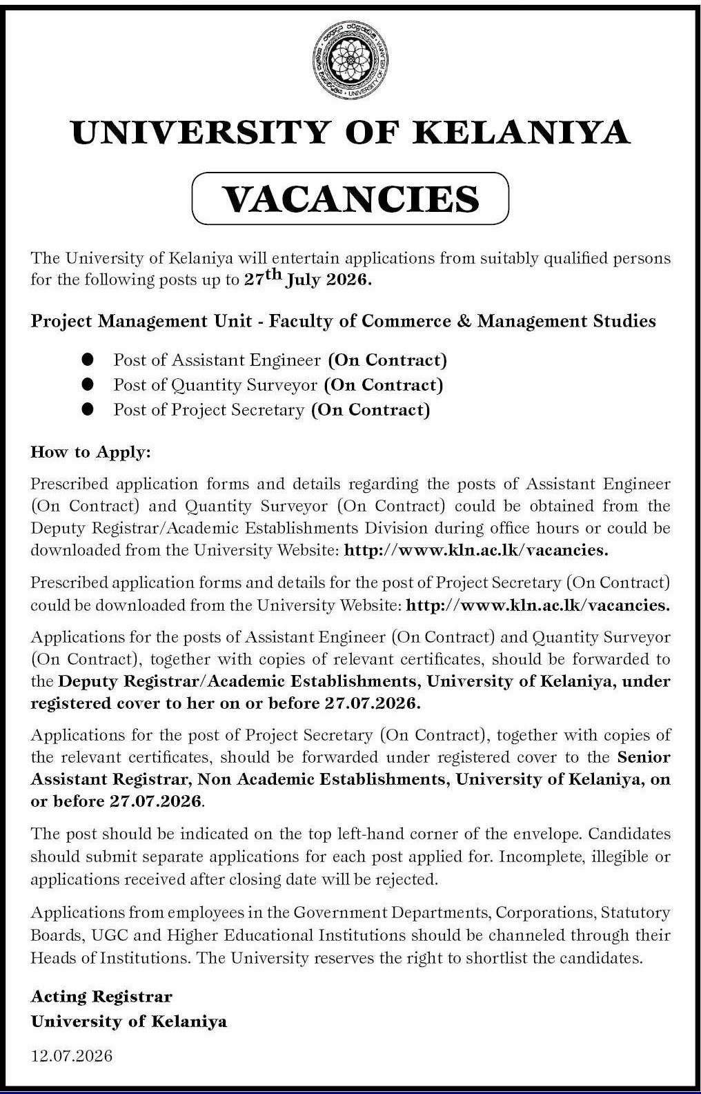 Assistant Engineer, Project Secretary, Quantity Surveyor - University of Kelaniya