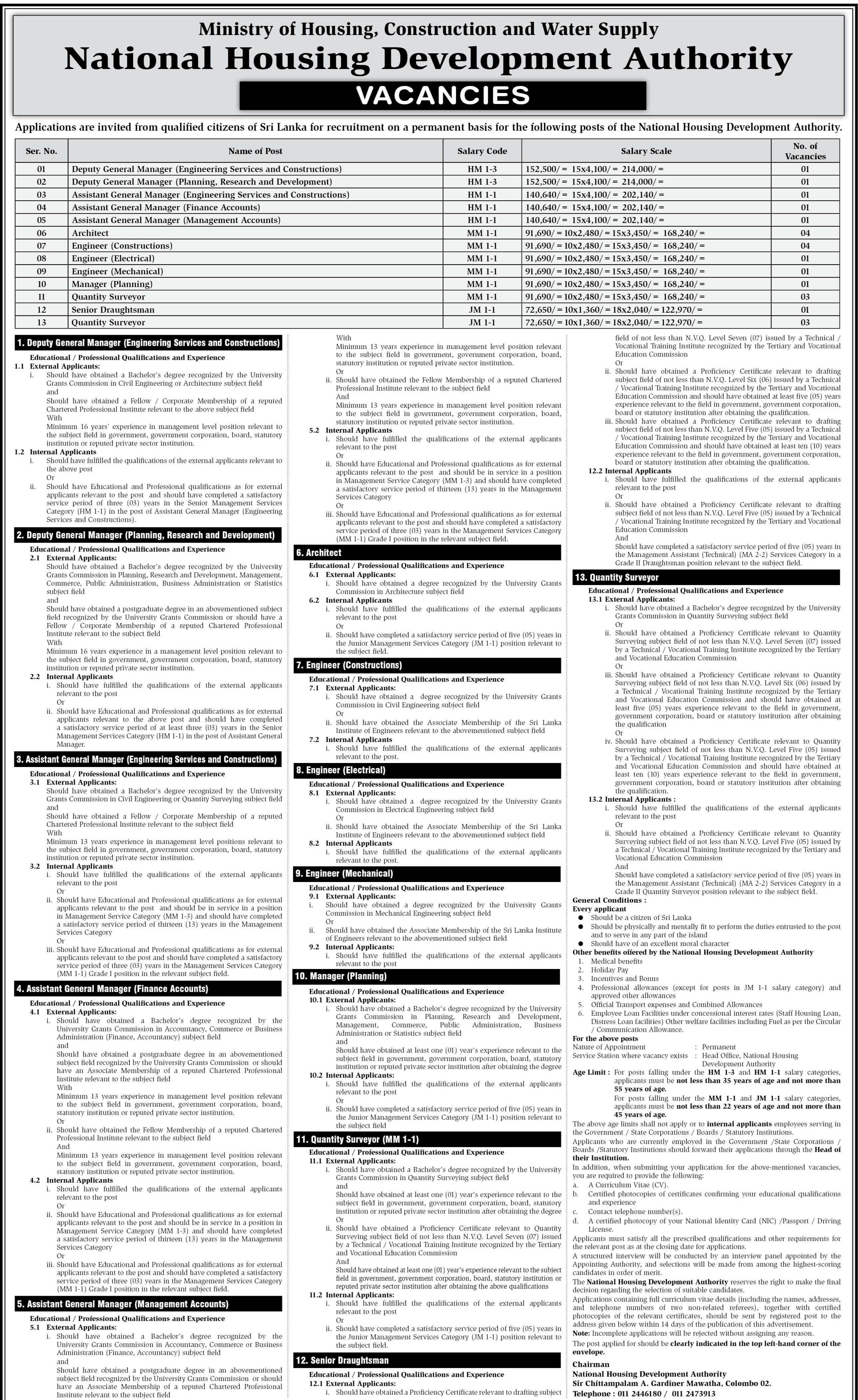 Deputy General Manager, Engineer, Manager - National Housing Development Authority