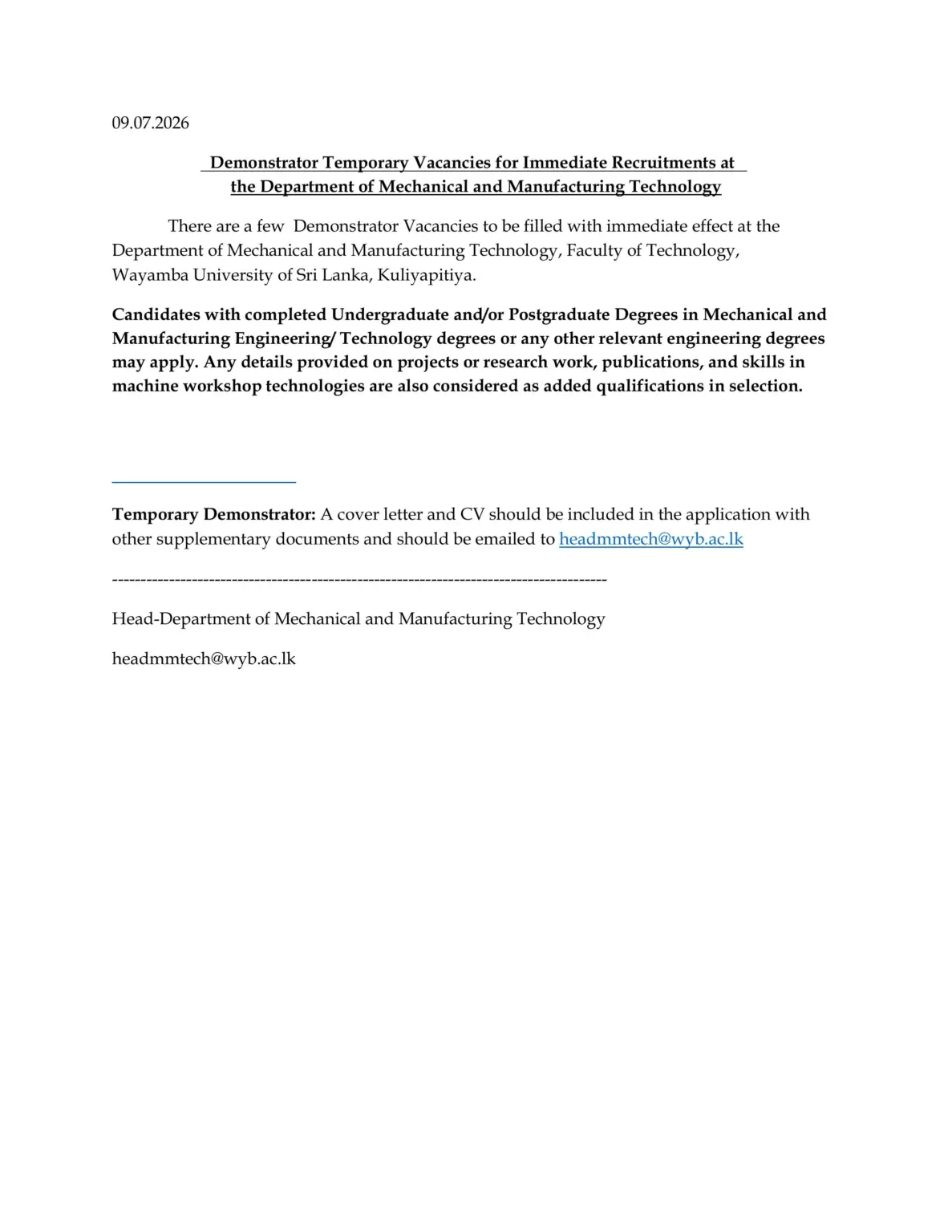 Demonstrator - Wayamba University of Sri Lanka