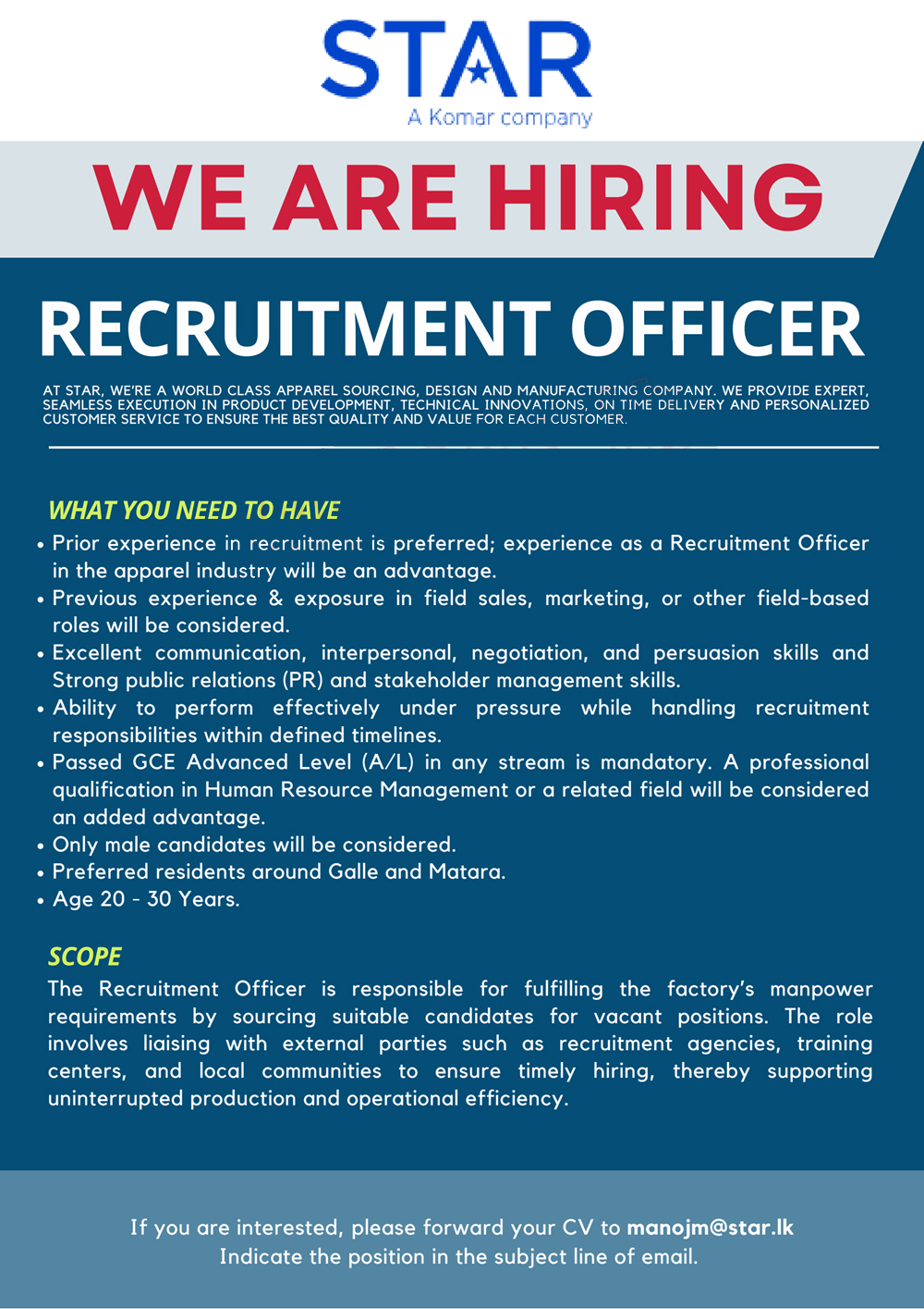 Recruitment Officer - Star Garments (Pvt) Ltd