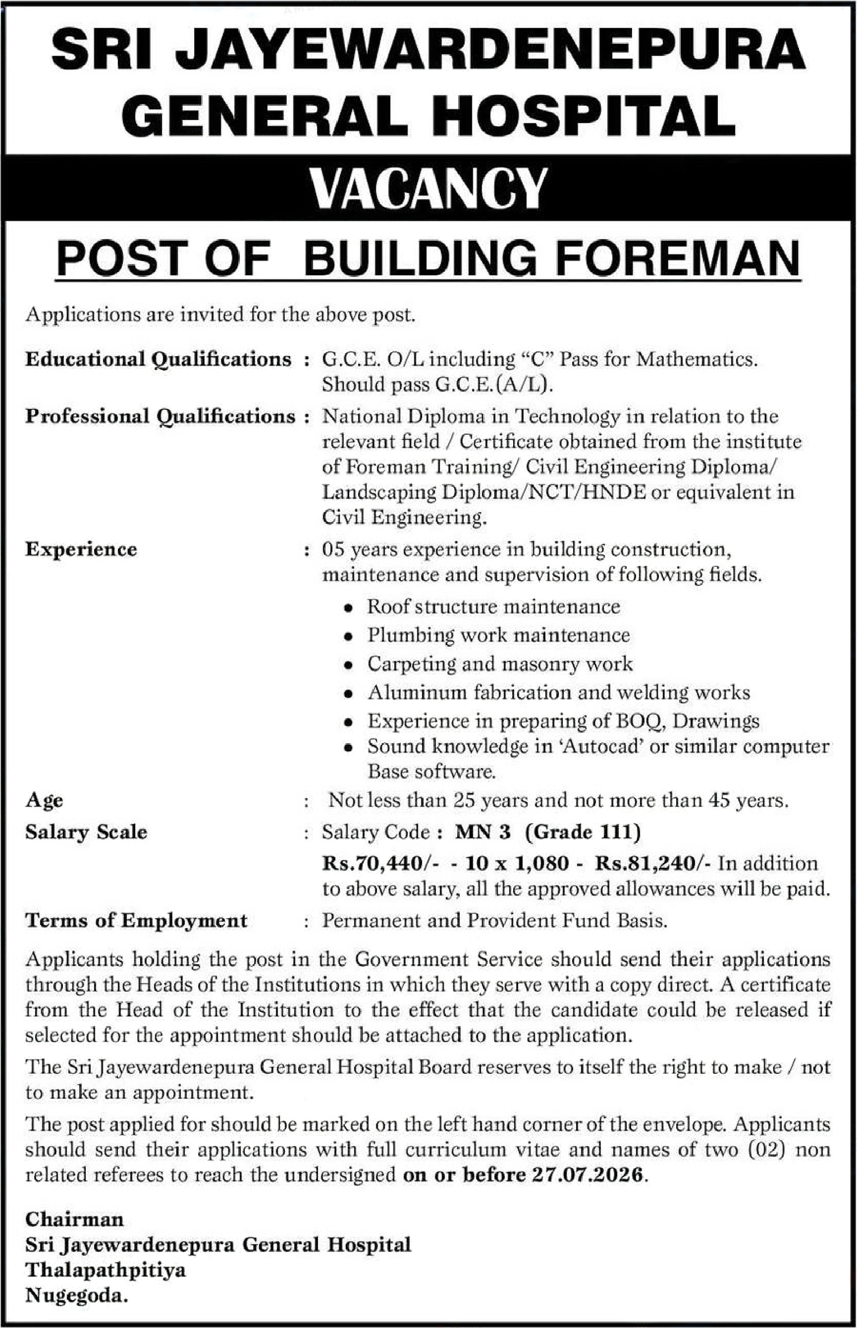 Building Foreman - Sri Jayewardenepura General Hospital