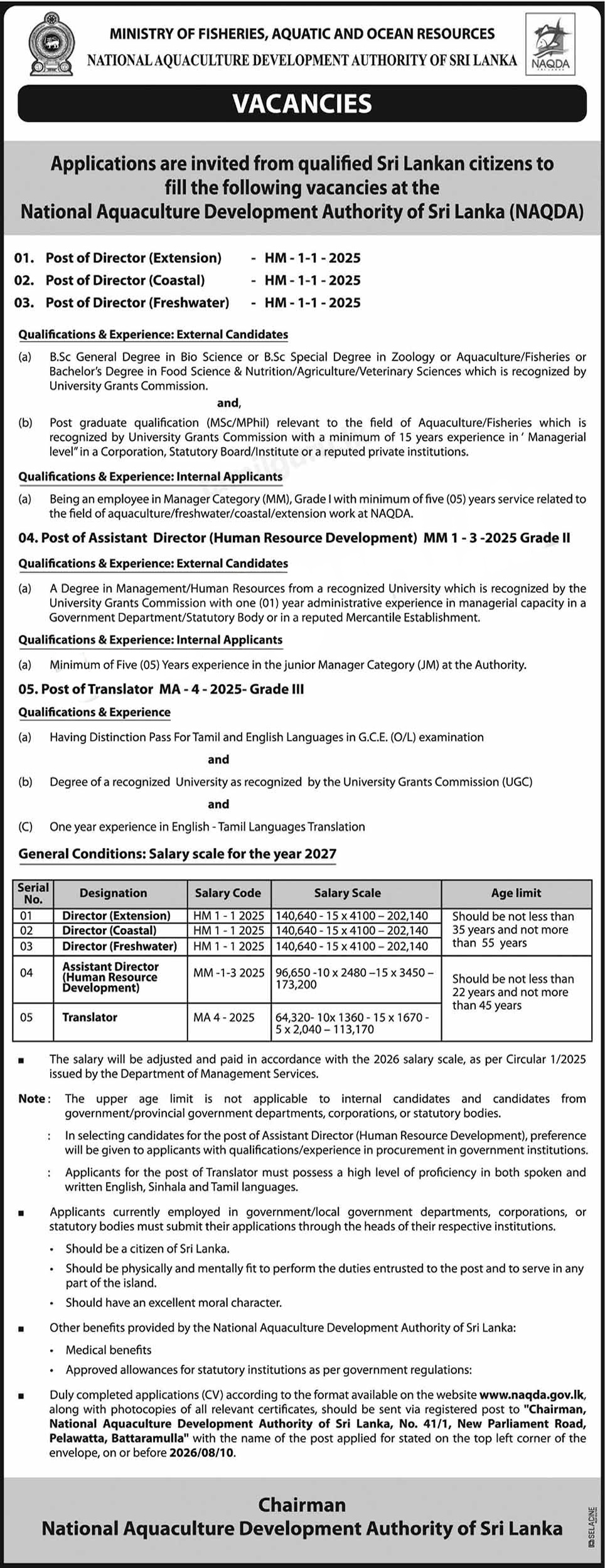 Assistant Director, Director, Translator - National Aquaculture Development Authority