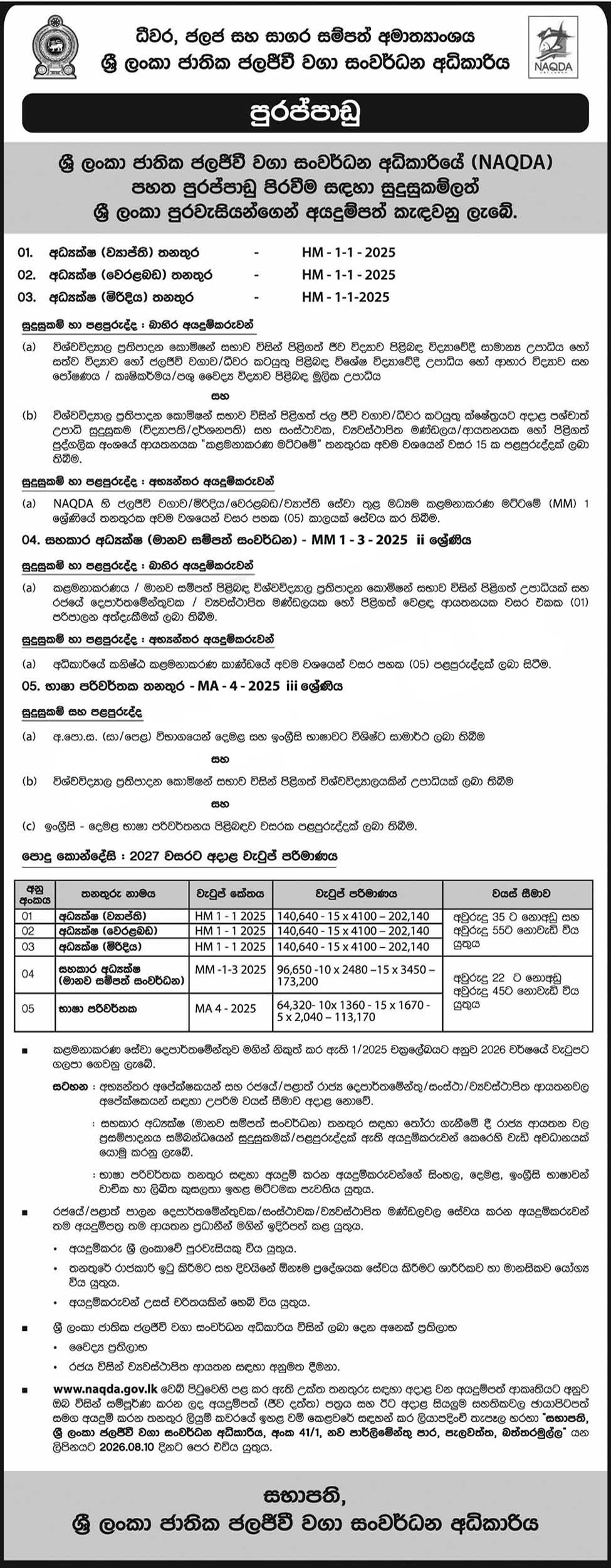 Assistant Director, Director, Translator - National Aquaculture Development Authority