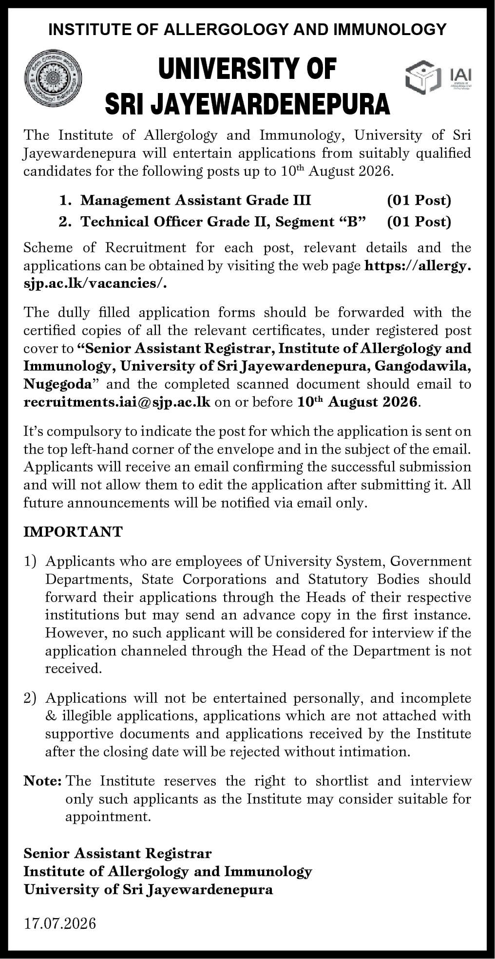 Management Assistant, Technical Officer - University of Sri Jayewardenepura
