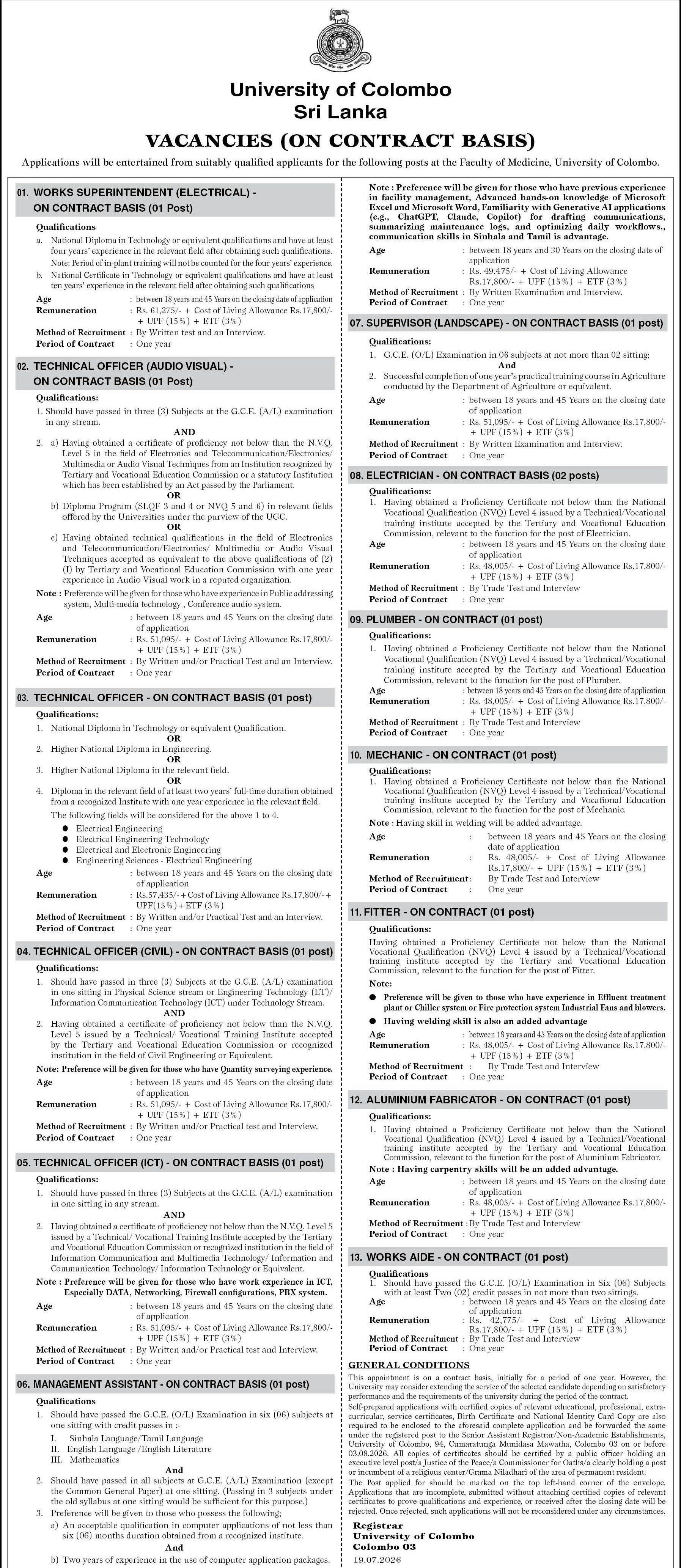 Management Assistant, Technical Officer, Supervisor - University of Colombo