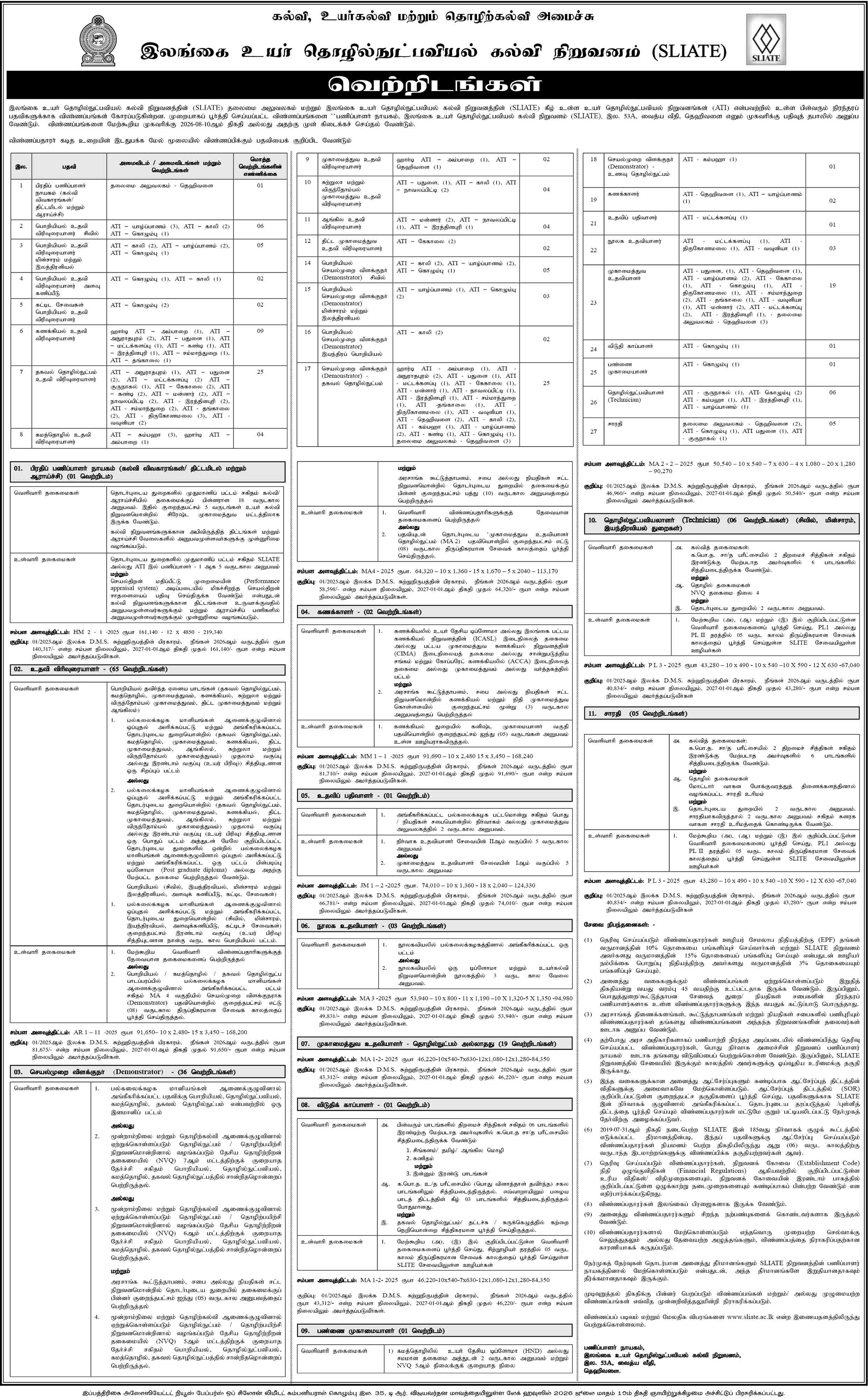 Management Assistant, Assistant Lecturer, Demonstrator - Sri Lanka Institute of Advanced Technological Education
