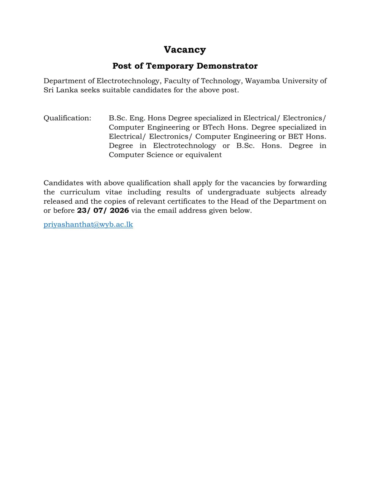 Demonstrator - Wayamba University of Sri Lanka