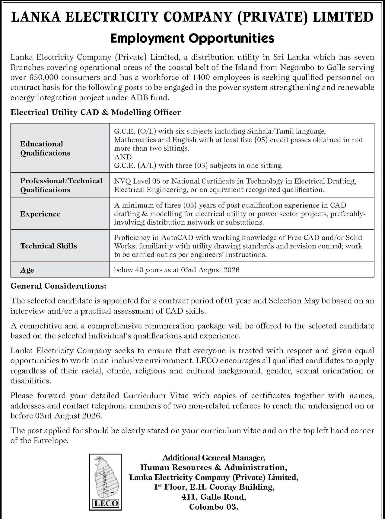 Electrical Utility CAD & Modelling Officer - Lanka Electricity Company (Private) Limited