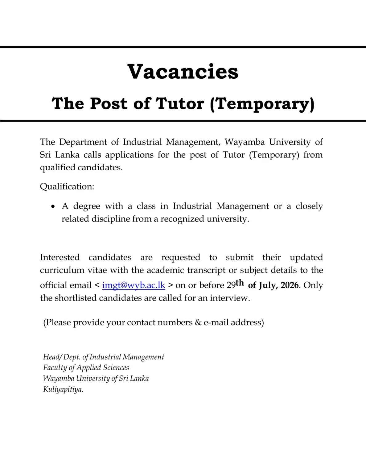 Tutor - Wayamba University of Sri Lanka