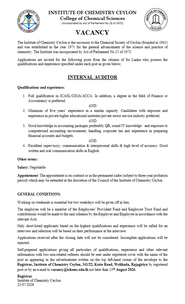Internal Auditor - Institute of Chemistry Ceylon