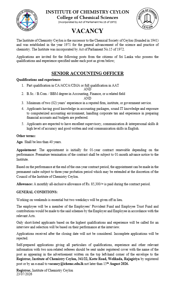 Senior Accounts Officer - Institute of Chemistry Ceylon