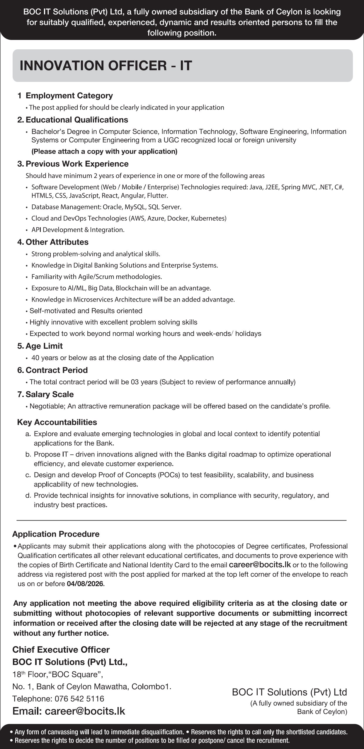 Innovation Officer - BOC IT Solutions (Pvt) Ltd