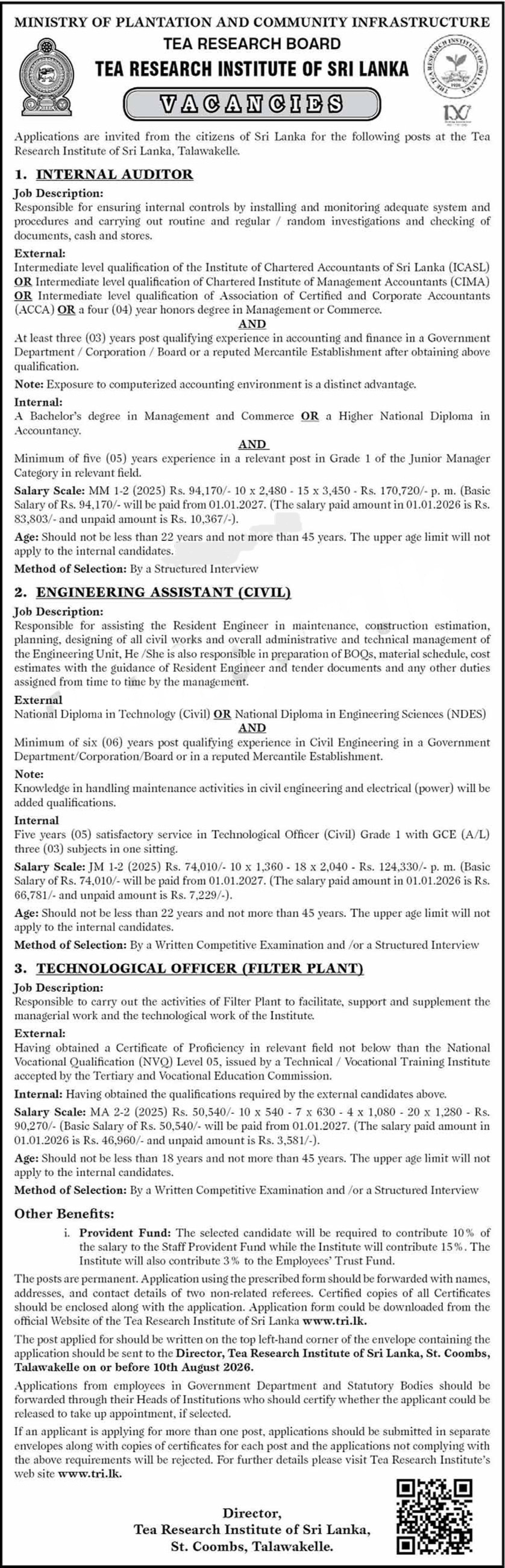 Internal Auditor, Engineering Assistant, Technological Officer - Tea Research Institute of Sri Lanka