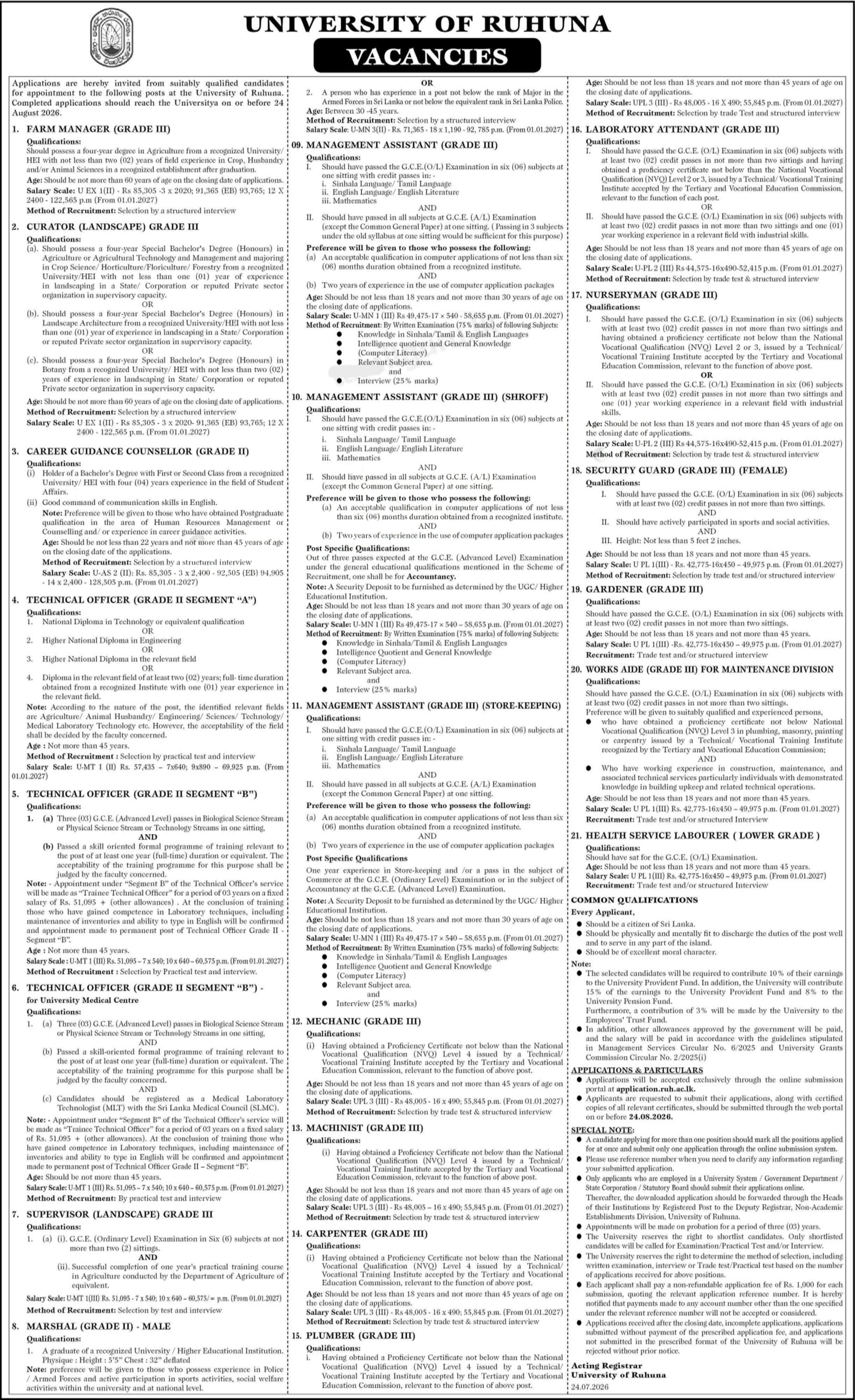 Management Assistant, Technical Officer, Security Guard - University of Ruhuna