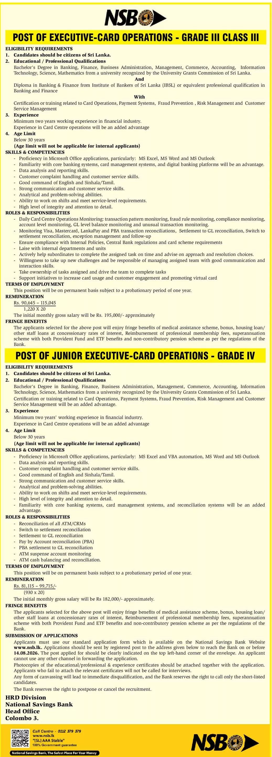 Junior Executive, Executive - National Savings Bank