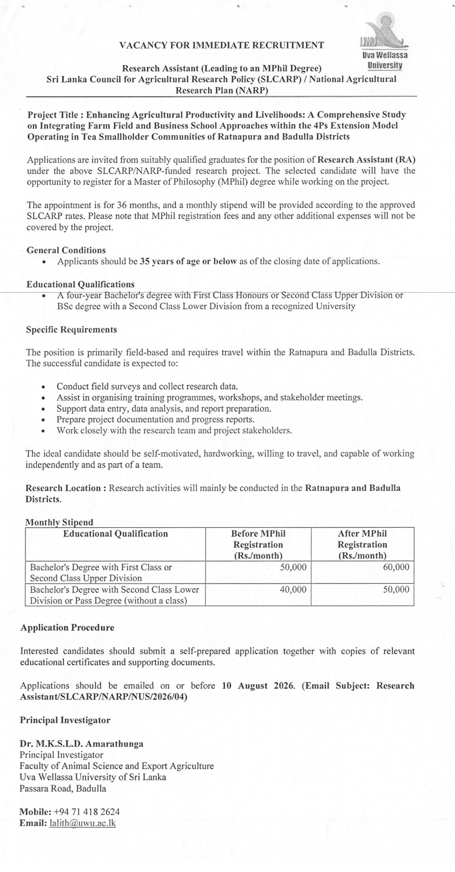 Research Assistant - Uva Wellassa University