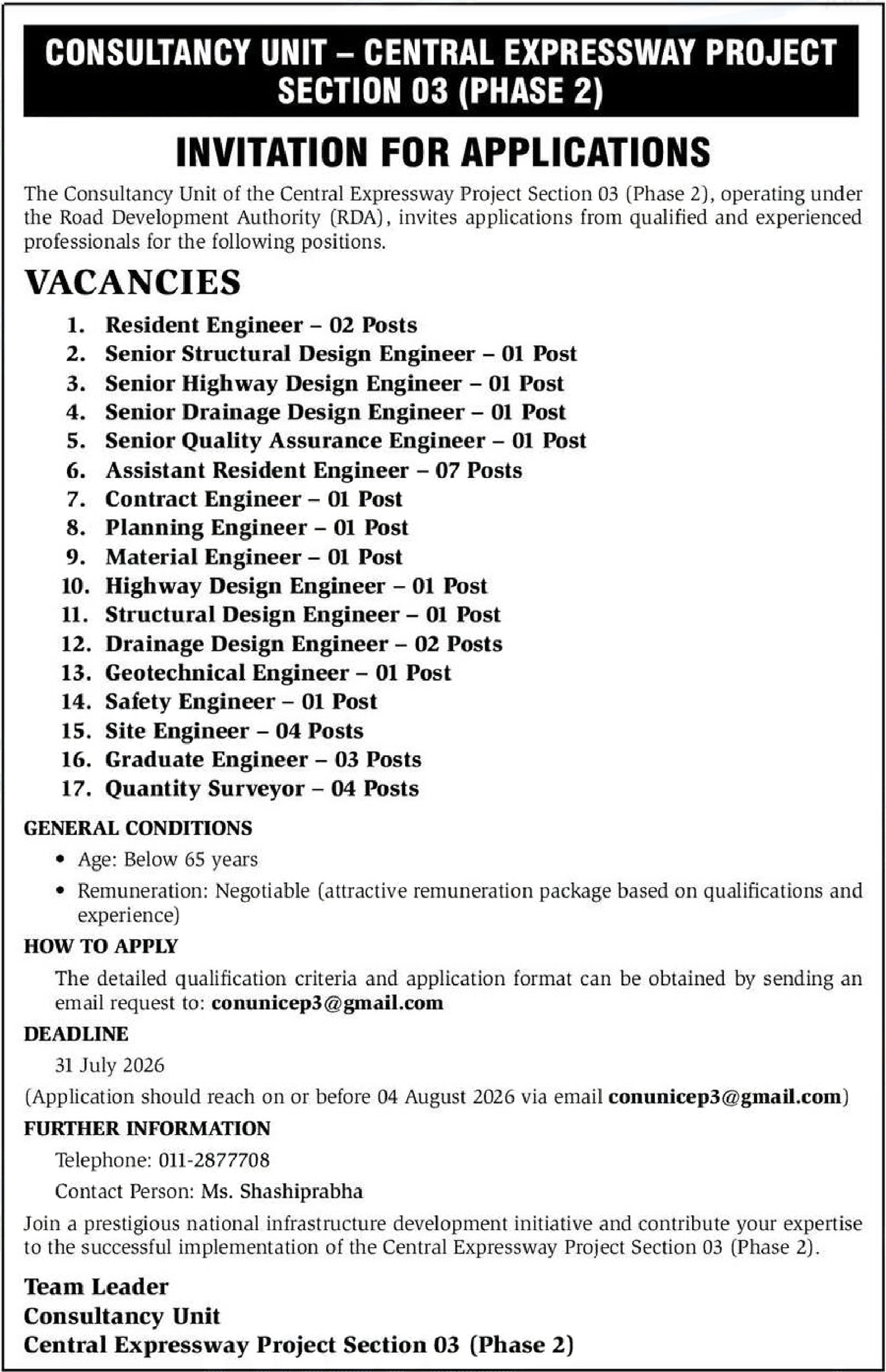 Quantity Surveyor, Planning Engineer, Geotechnical Engineer - Road Development Authority