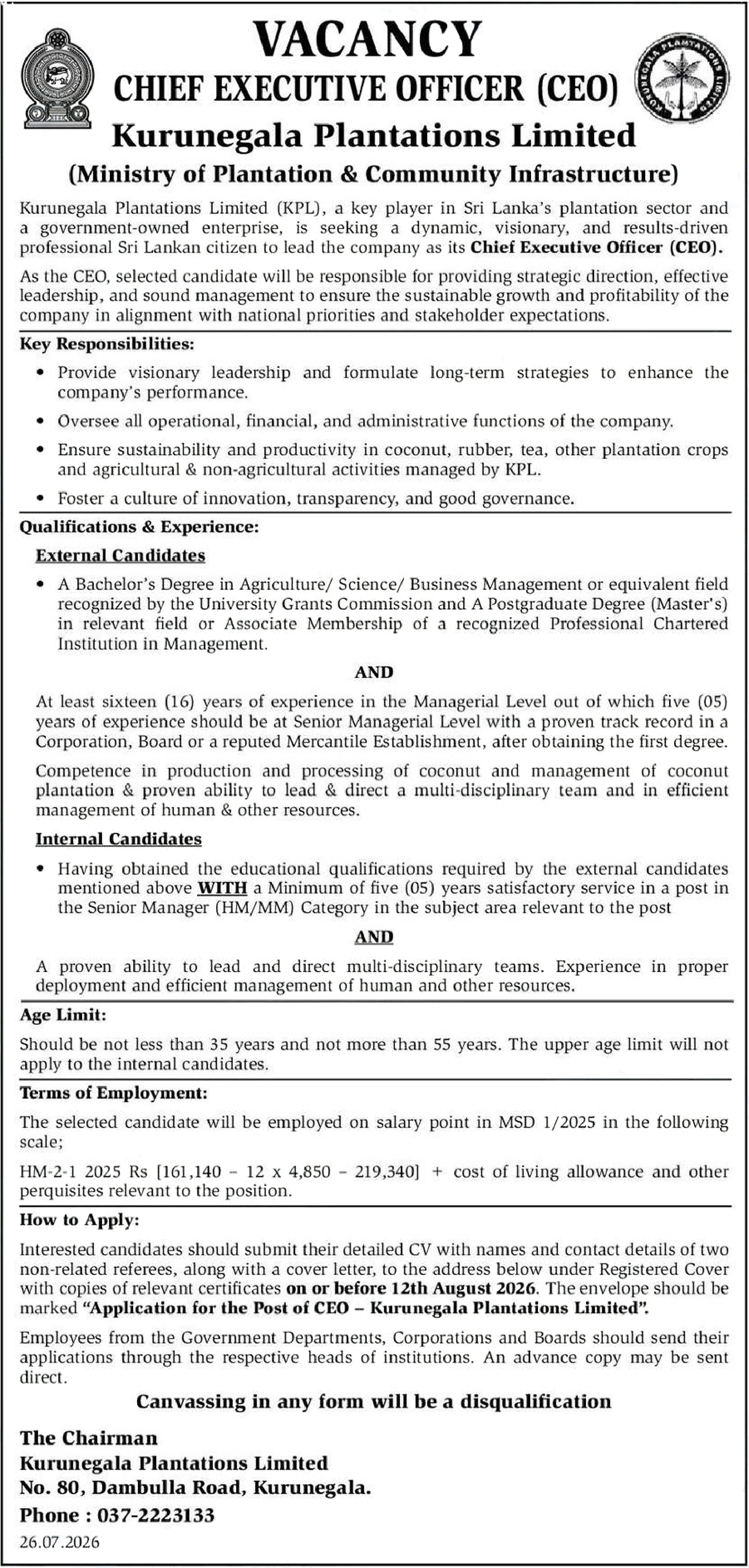 Chief Executive Officer - Kurunegala Plantation  Limited
