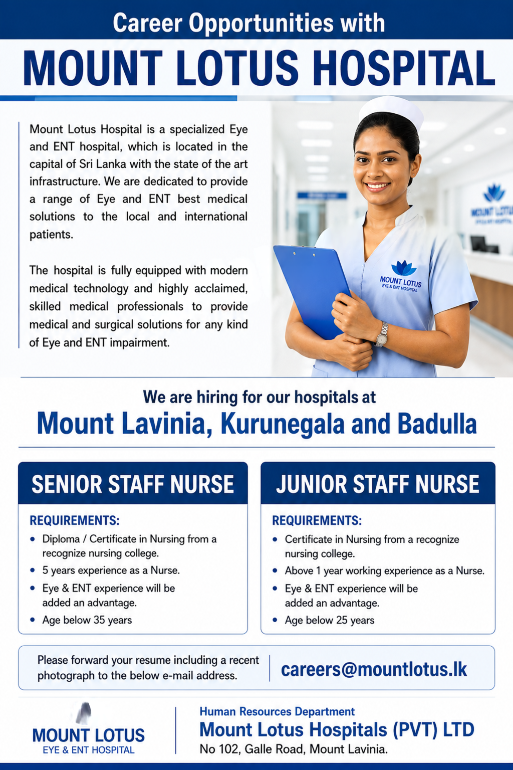Senior Staff Nurse, Junior Staff Nurse - Mount Lotus Hospital