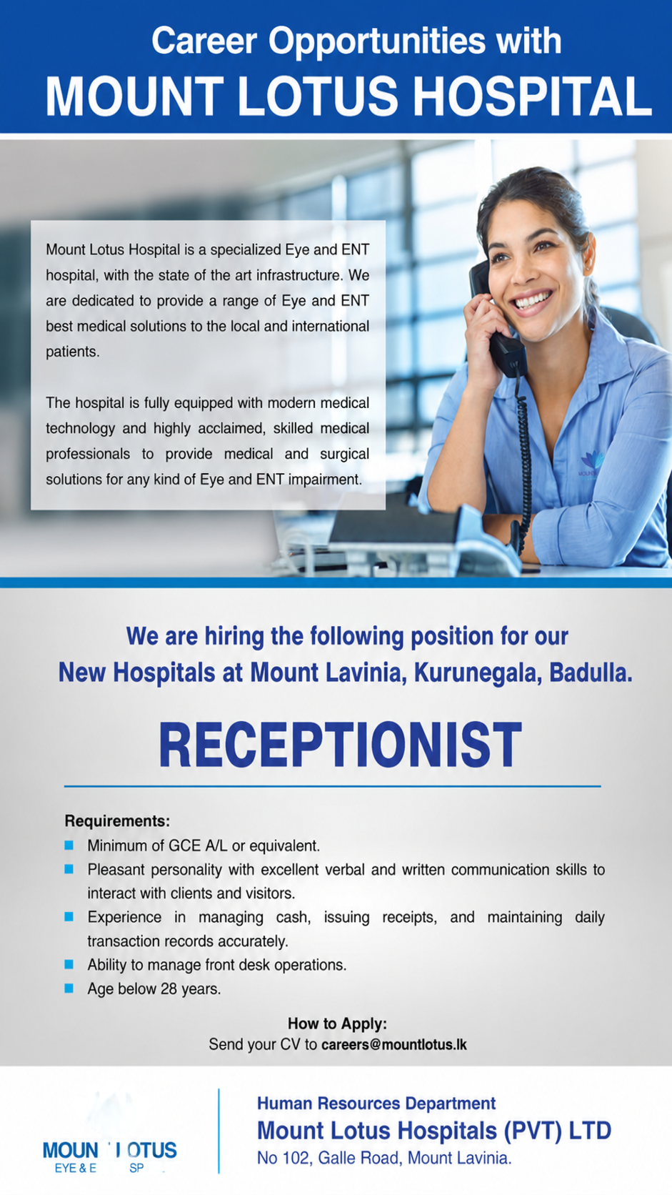 Receptionist - Mount Lotus Hospital