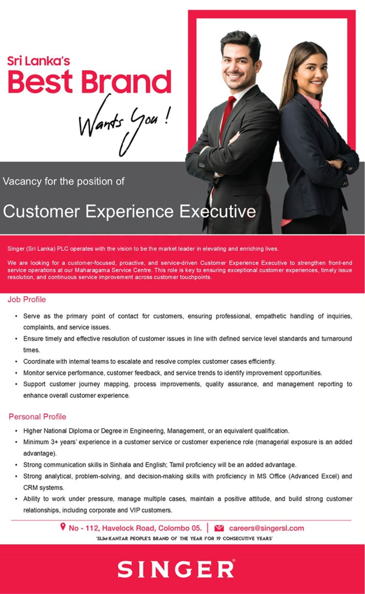 Customer Experience Executive - Singer (Sri Lanka) PLC