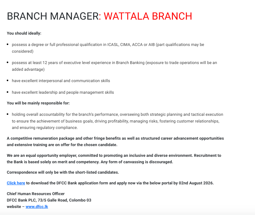 Branch Manager - DFCC Bank