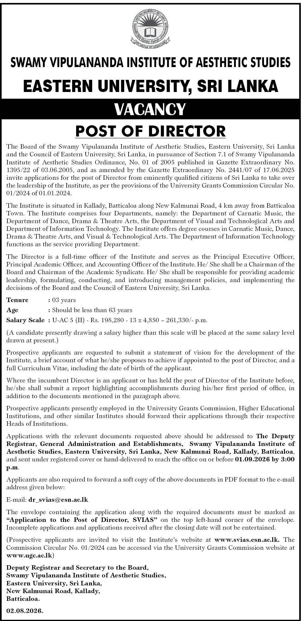Director - Swamy Vipulananda Institute of Aesthetic Studies, Eastern University