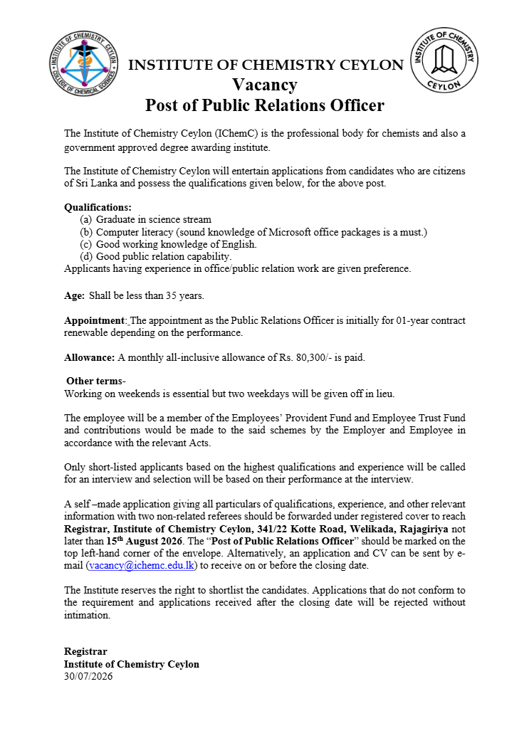Public Relation Officer - Institute of Chemistry Ceylon