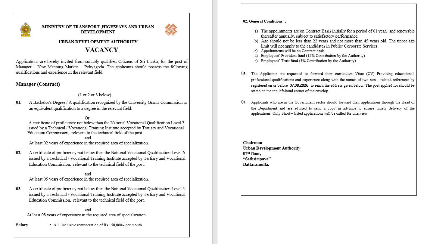 Manager - Urban Development Authority