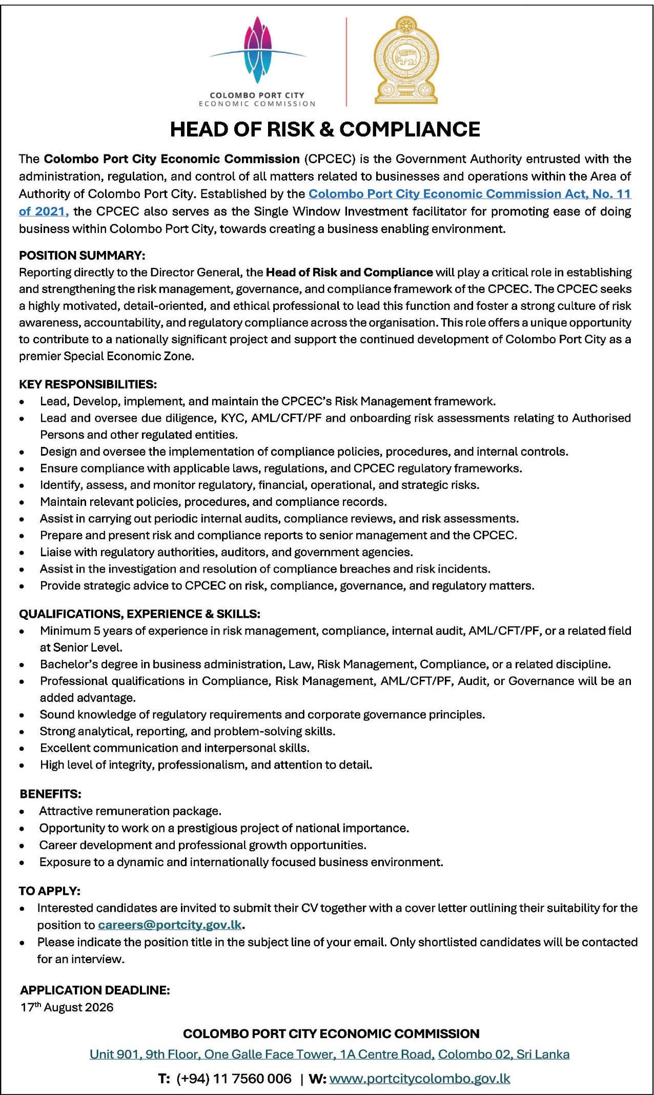 Head of Risk & Compliance - Colombo Port City Economic Commision