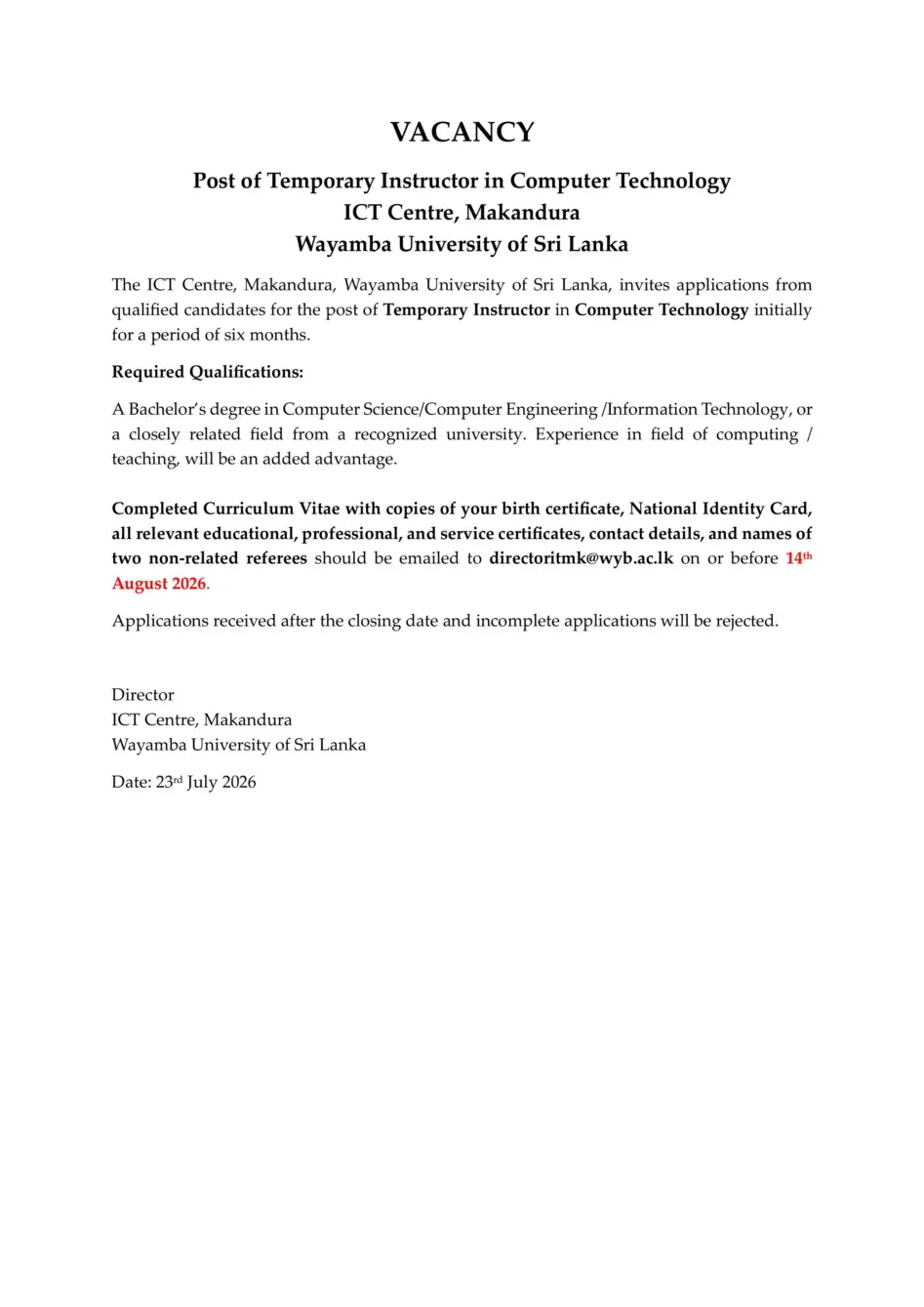 Instructor - Wayamba University of Sri Lanka