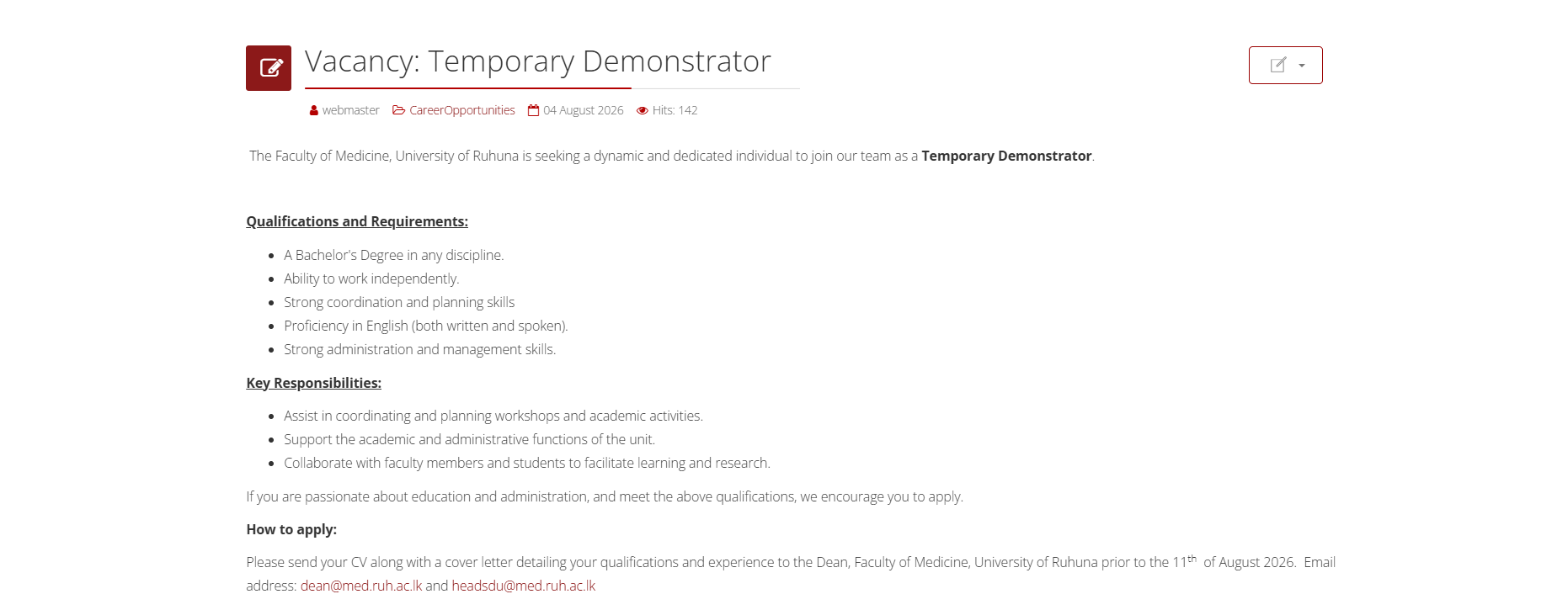 Demonstrator - University of Ruhuna