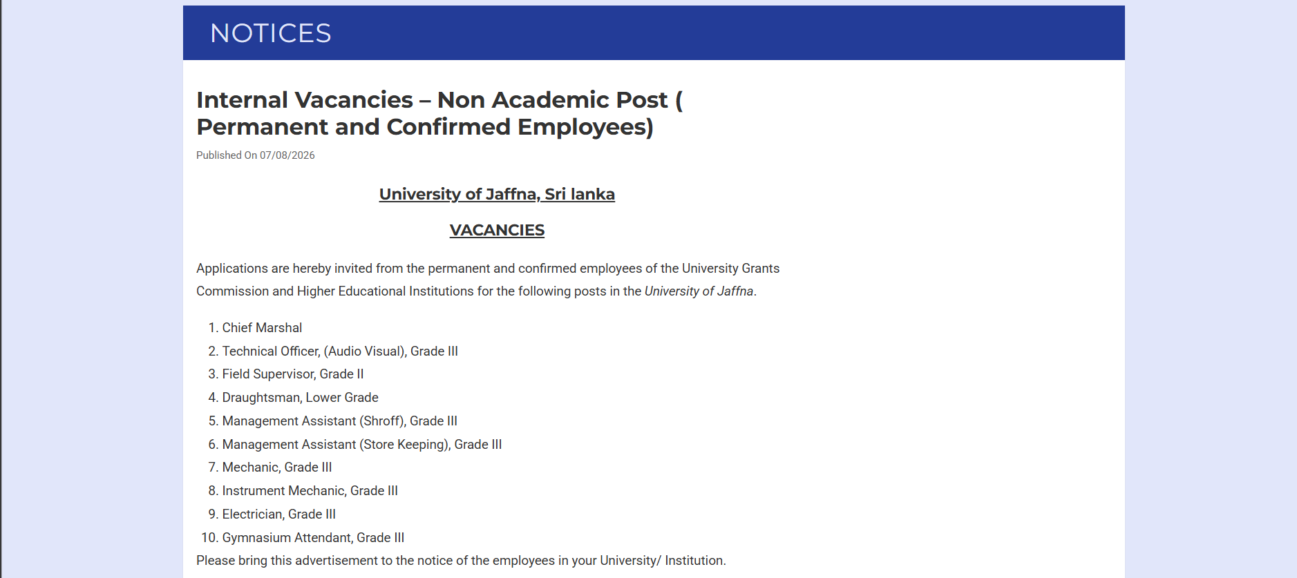 Management Assistant, Technical Officer, Field Supervisor - University of Jaffna