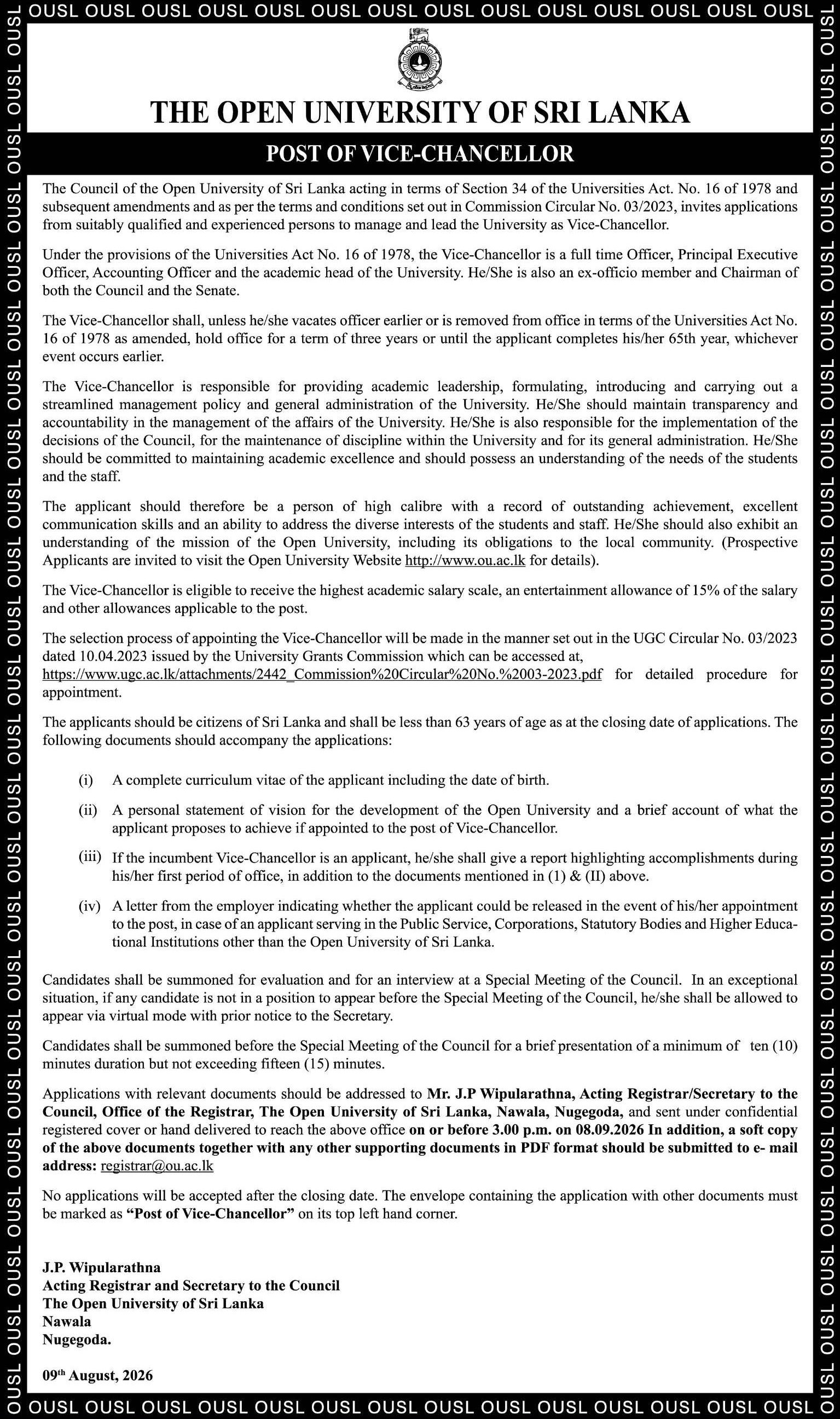 Vice Chancellor - Open University of Sri Lanka