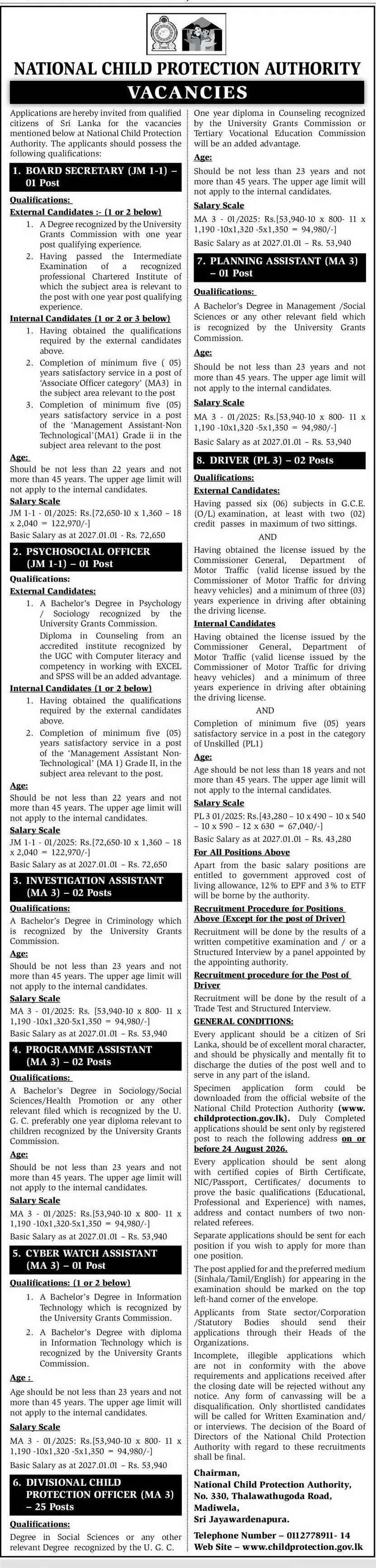 Planning Assistant, Program Assistant, Driver - National Child Protection Authority